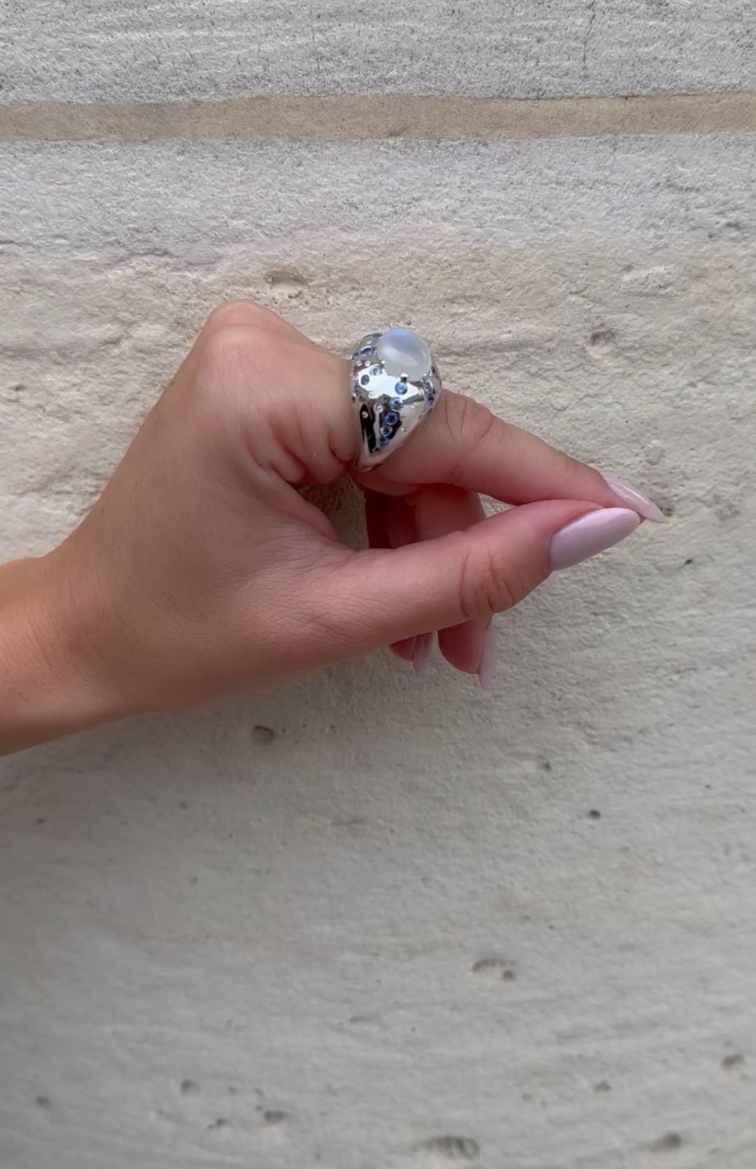 Brilliant Cut Mathon Paris Diamonds Sapphires Moonstone and White Gold Ring  For Sale
