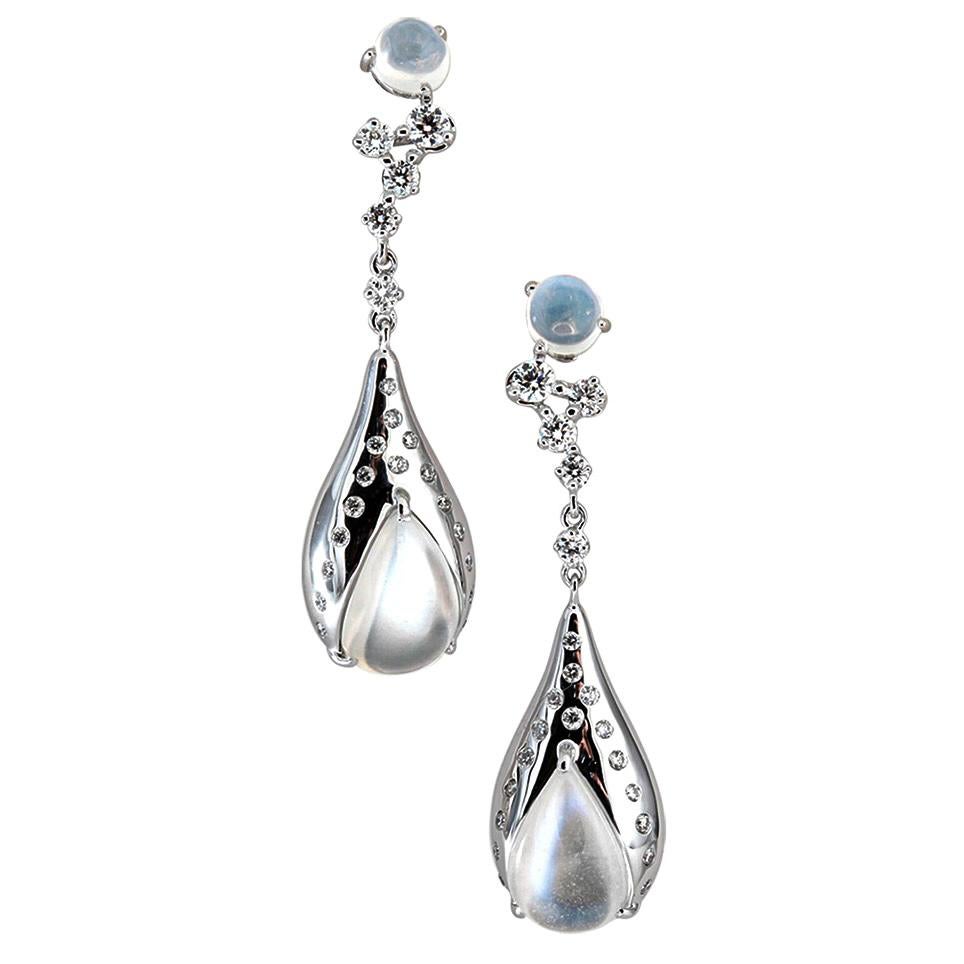 Contemporary Mathon Paris Diamonds Sapphires Moonstones and White Gold Earrings For Sale