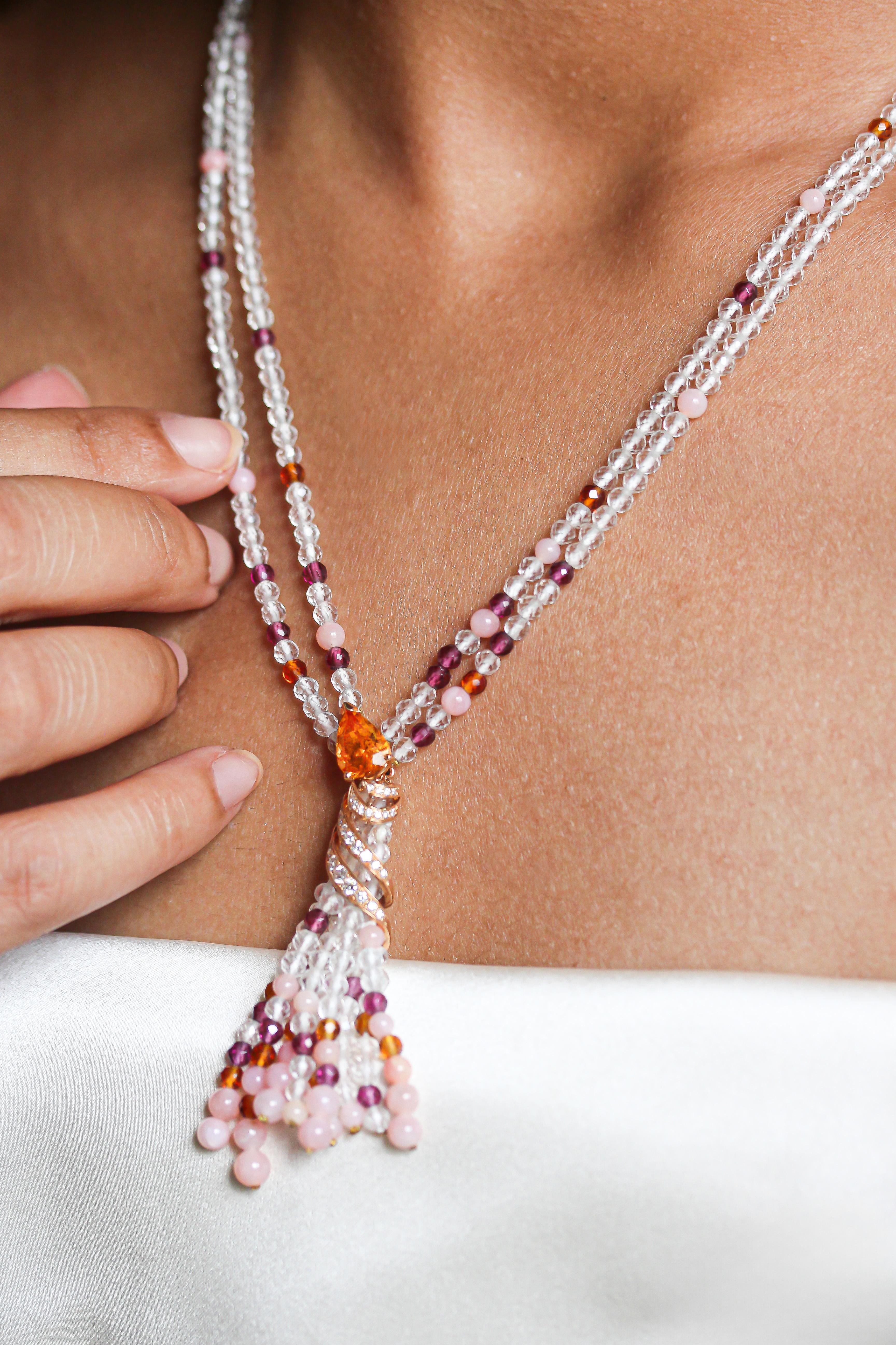 Ibis necklace by Mathon Paris at Second Petale Gallery 

About the Gemstones :
- Diamonds 
- Spessartite garnet (2,55 ct)
- Pink opal rhodolite
- White topaz beads

ABOUT the CREATOR
MATHON PARIS : FRENCH STYLE SINCE 1931
