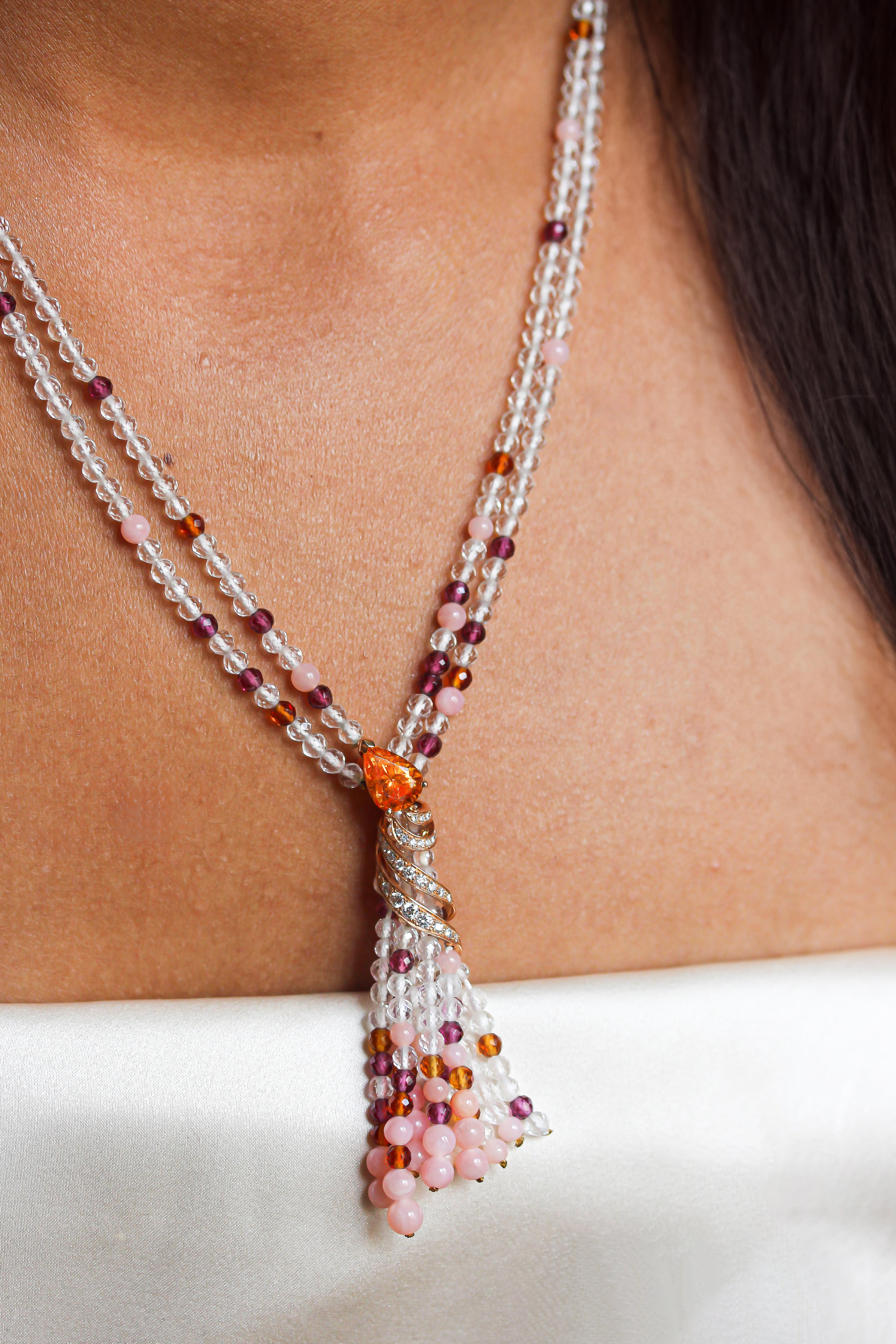 Contemporary Mathon Paris Diamonds Spessartite Garnet Rhodolite White Topaz Beads Necklace For Sale