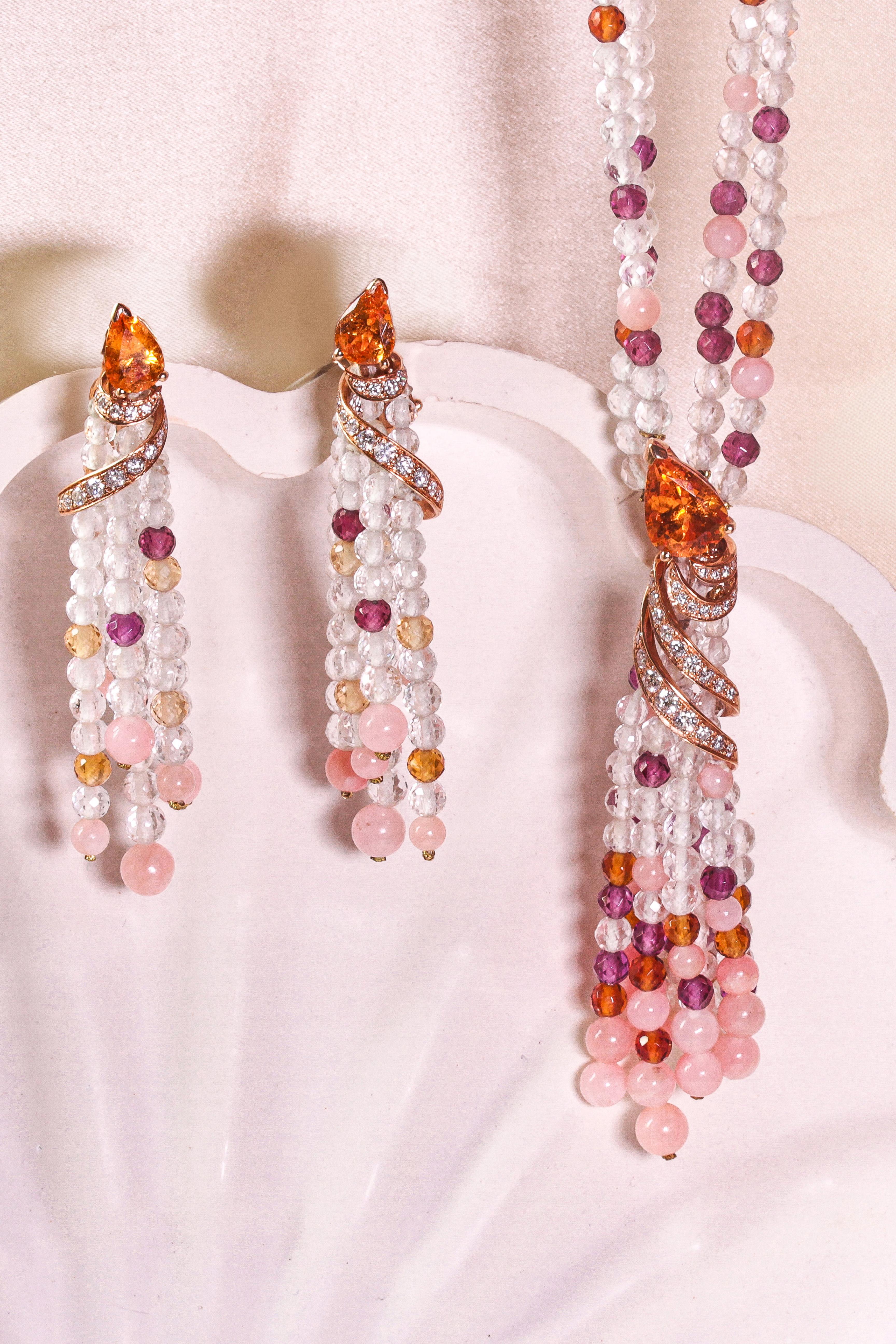 Brilliant Cut Mathon Paris Diamonds Spessartite Garnet Rhodolite White Topaz Beads Necklace For Sale