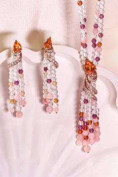Mathon Paris Diamonds Spessartite Garnets Rhodolite White Topaz Beads Earrings