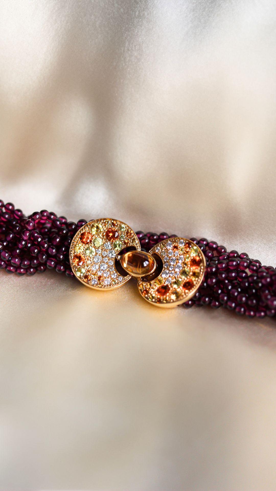 Brilliant Cut Mathon Paris Diamonds Spessartite Garnets Sapphires Rhodolite Garnets Bracelet For Sale