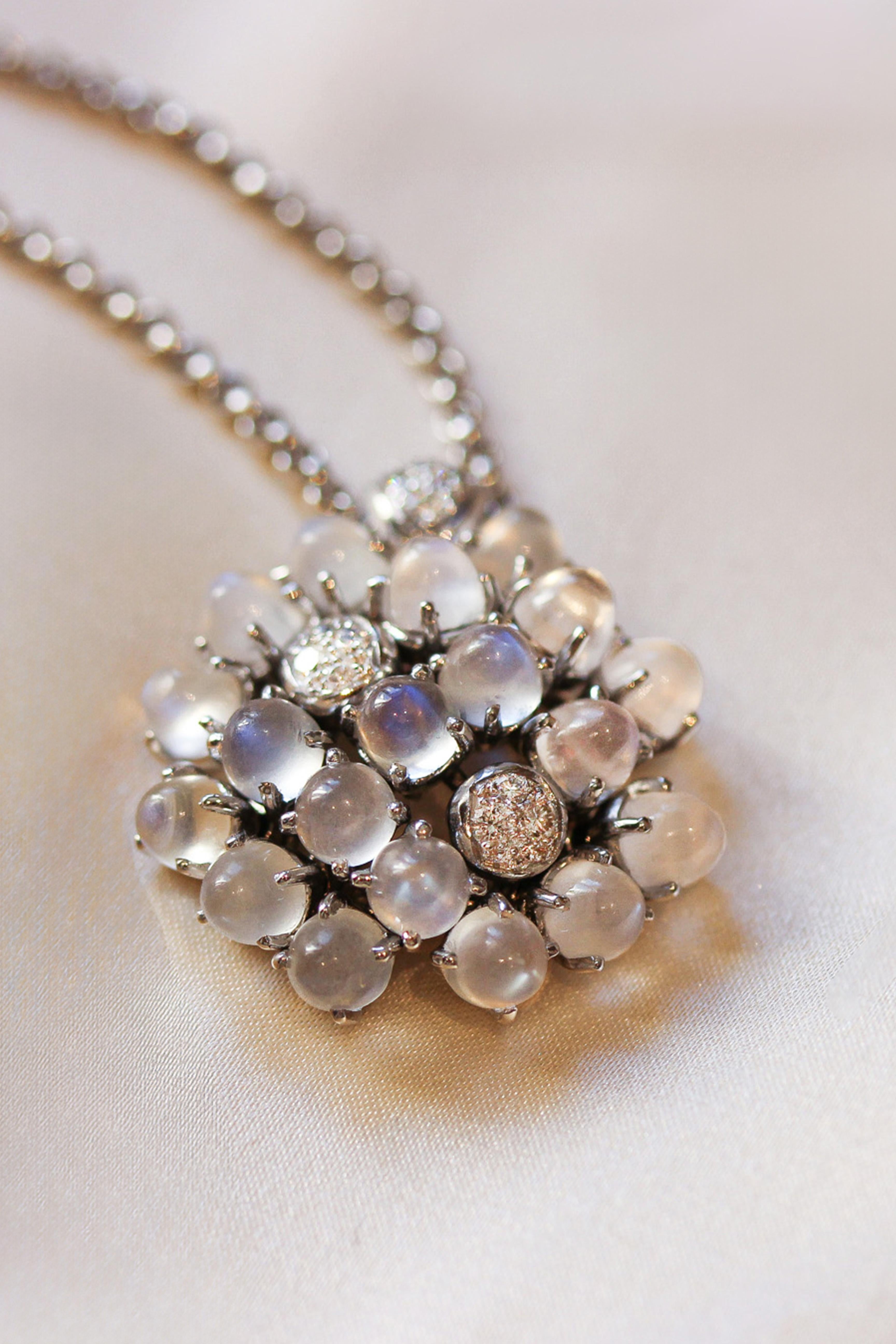 Retro Mathon Paris Moonstones, Diamonds and White Gold necklace For Sale