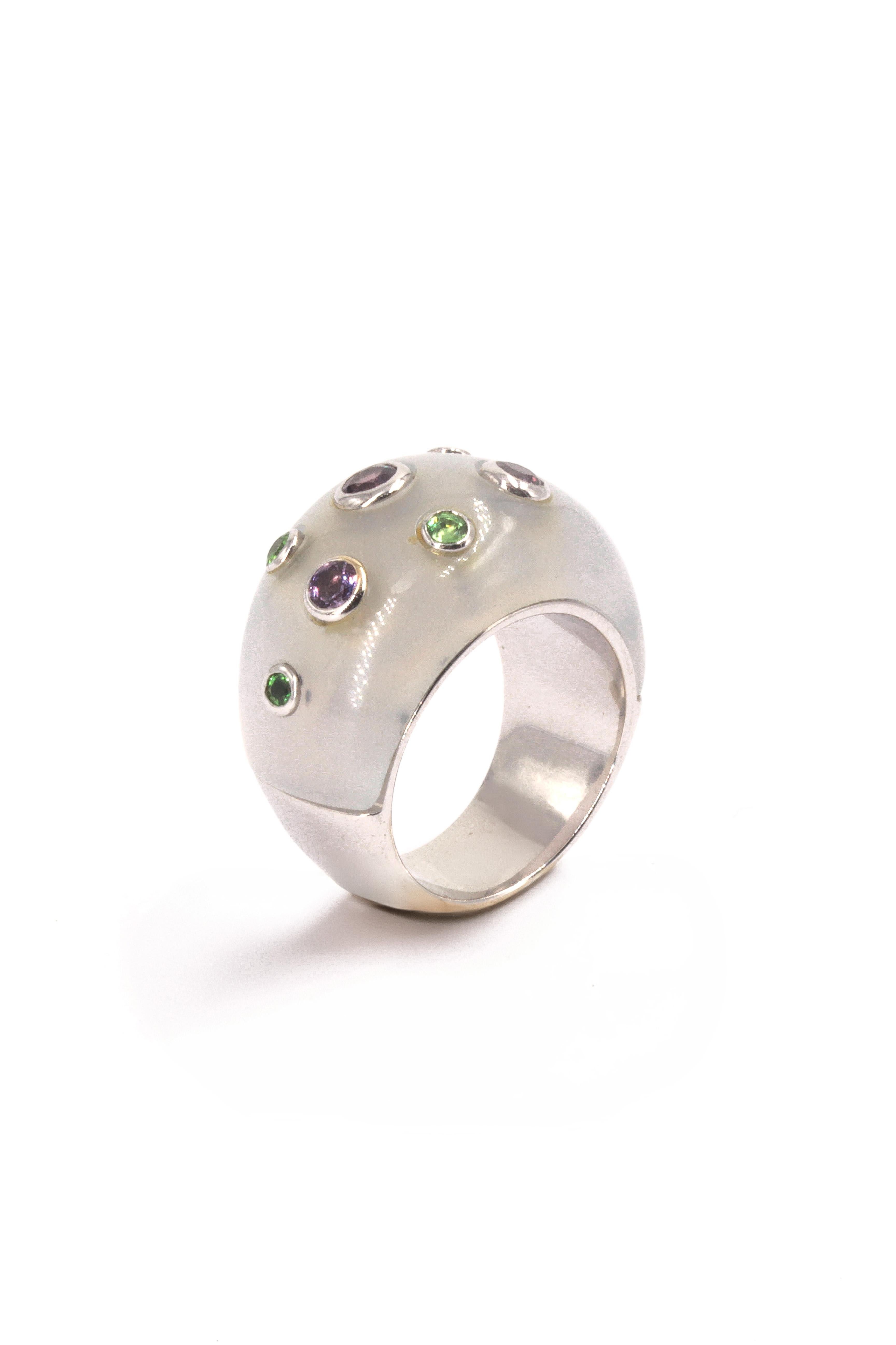 Retro Mathon Paris Pink sapphires Tsavorites Chalcedony White Gold Ring For Sale
