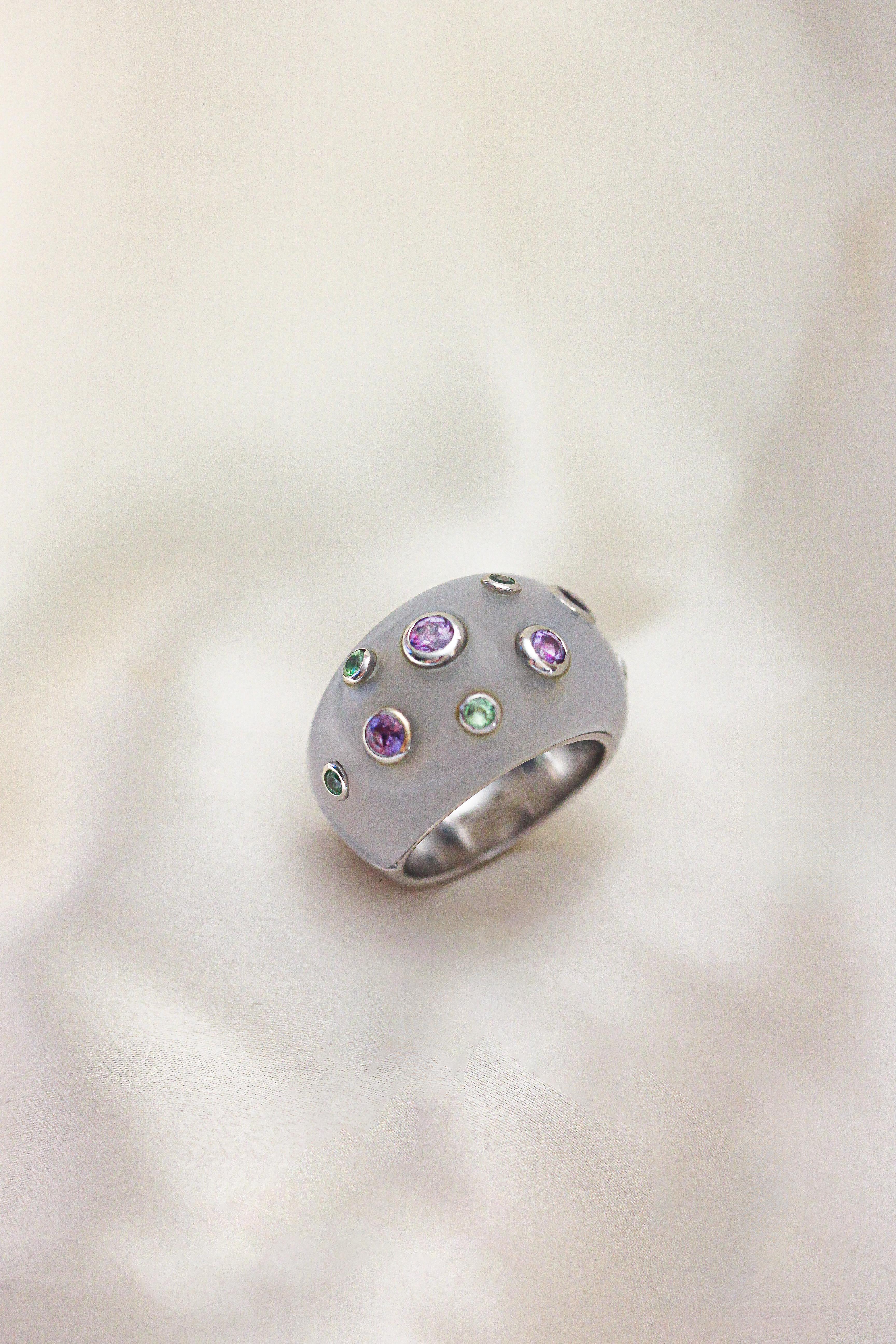 Brilliant Cut Mathon Paris Pink sapphires Tsavorites Chalcedony White Gold Ring For Sale