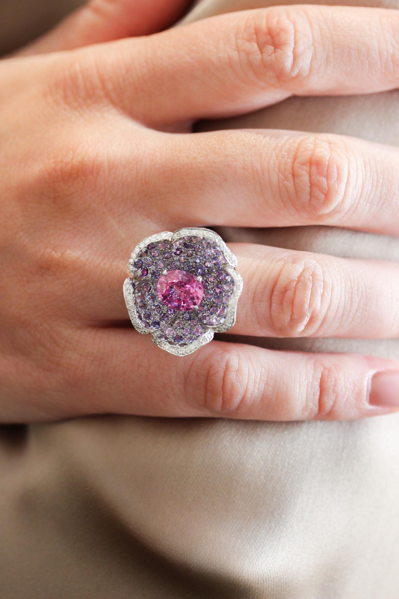 Brilliant Cut Mathon Paris Purple sapphires, pink sapphires, diamonds and White Gold Ring For Sale