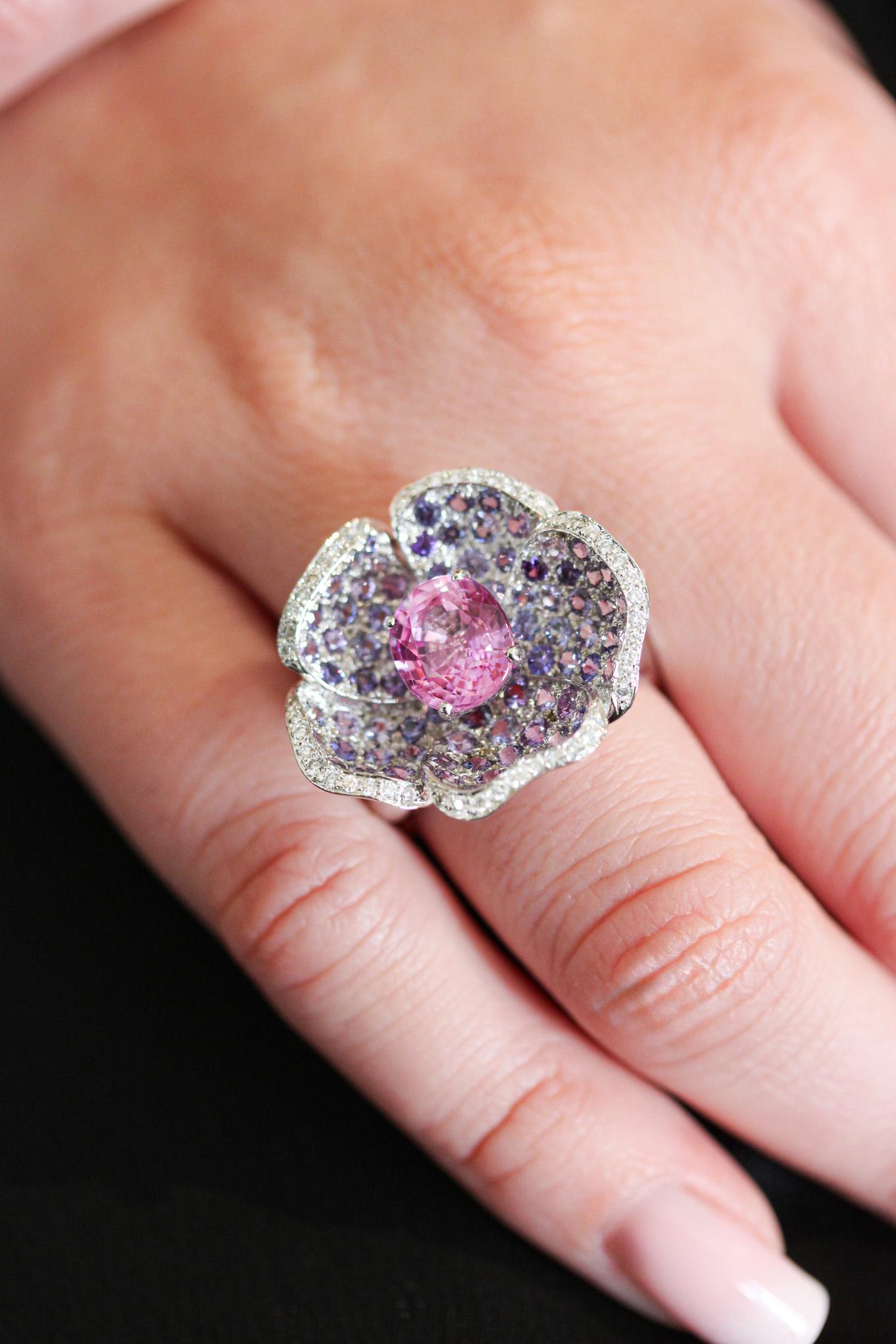 Women's Mathon Paris Purple sapphires, pink sapphires, diamonds and White Gold Ring For Sale