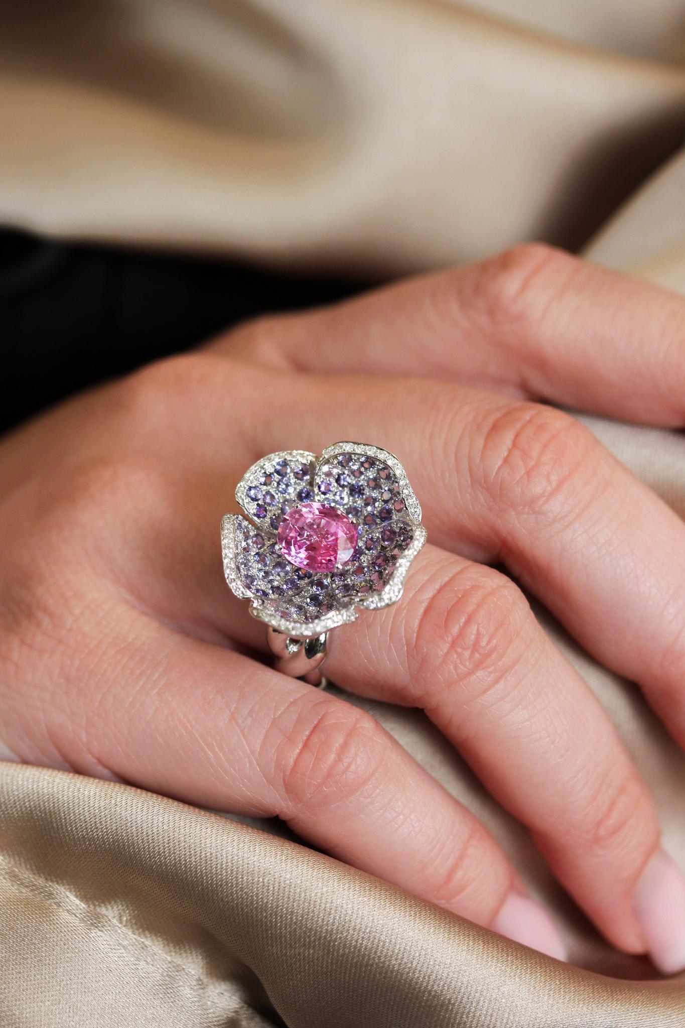 Mathon Paris Purple sapphires, pink sapphires, diamonds and White Gold Ring For Sale 1
