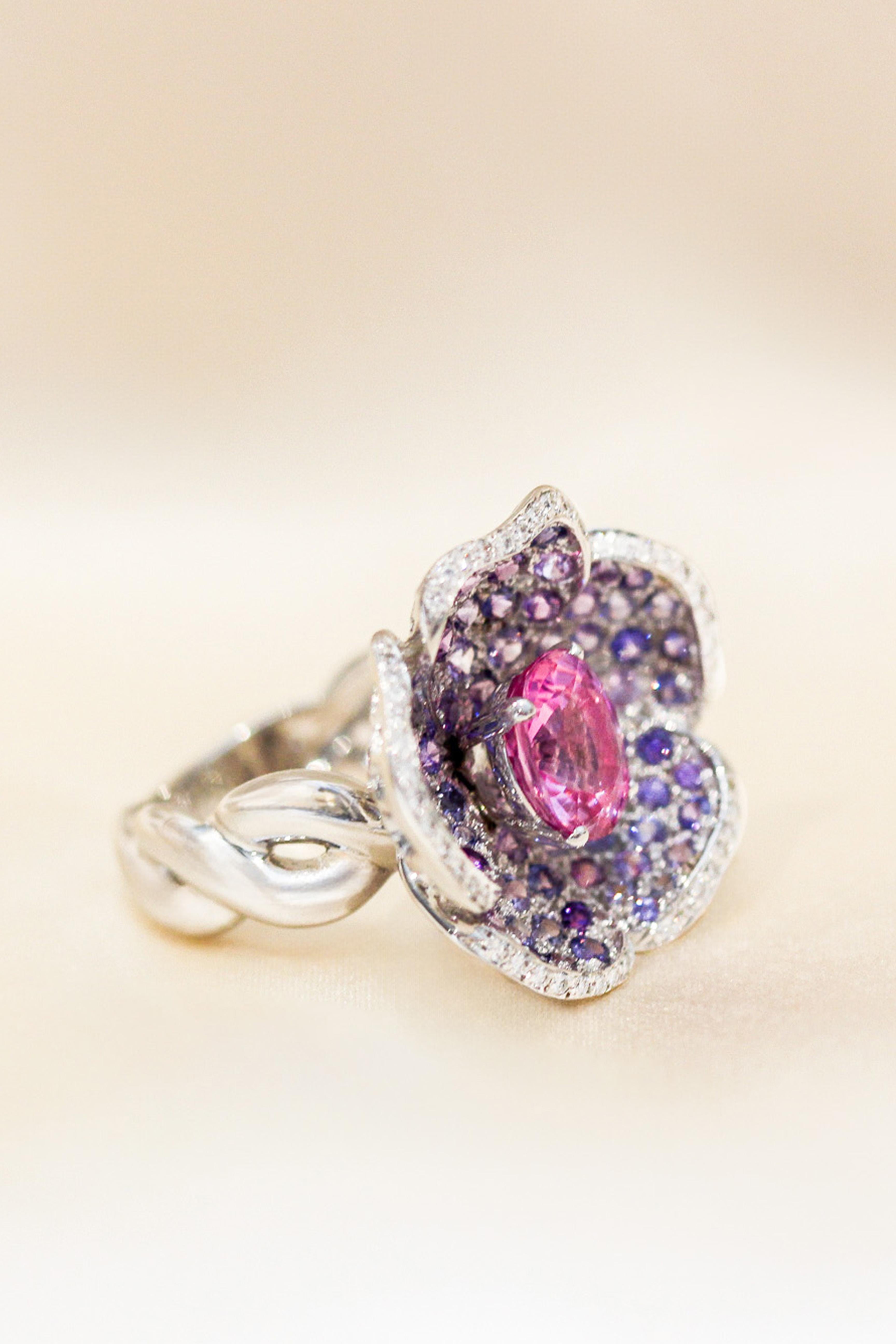 Mathon Paris Purple sapphires, pink sapphires, diamonds and White Gold Ring For Sale 2