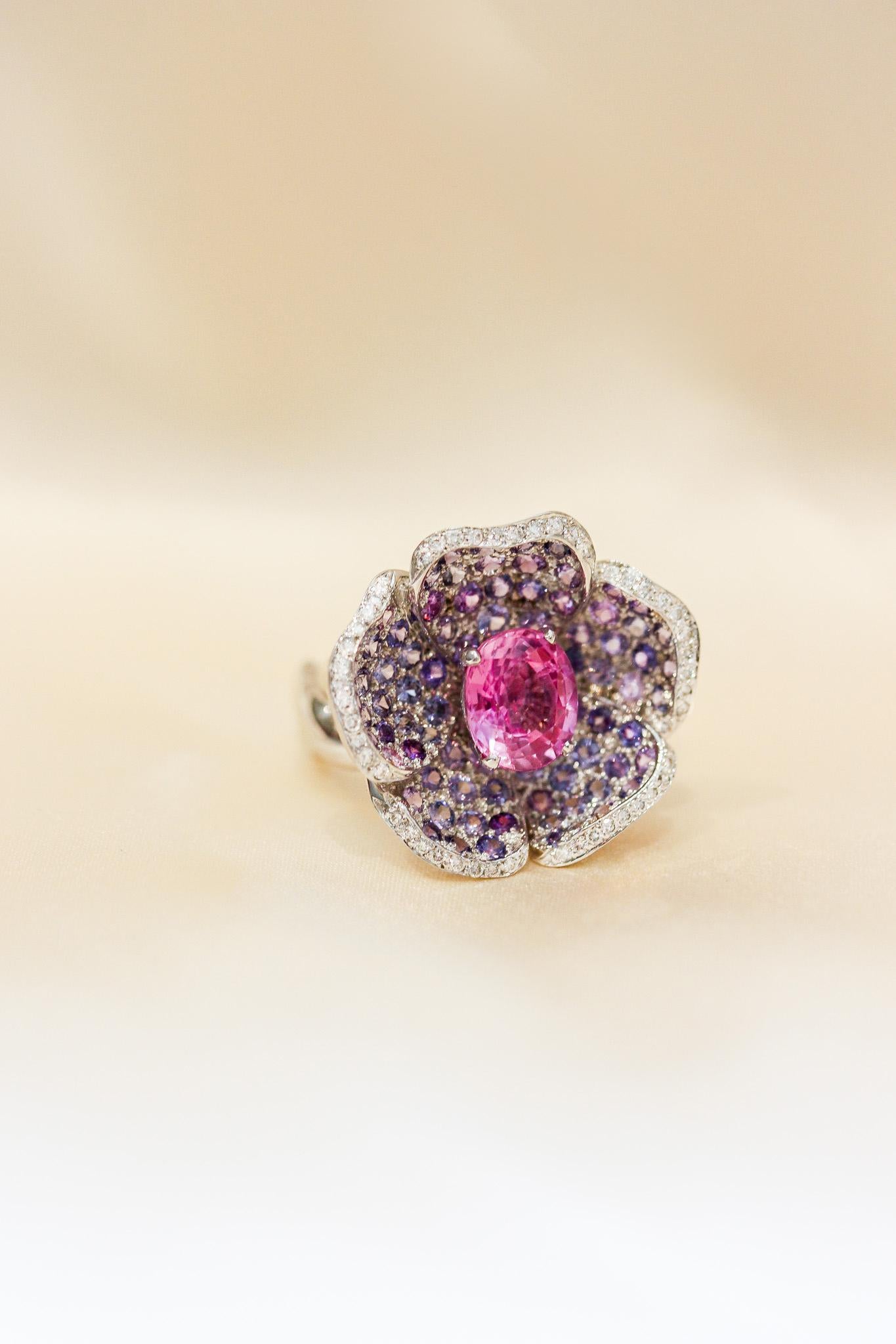 Mathon Paris Purple sapphires, pink sapphires, diamonds and White Gold Ring For Sale 3