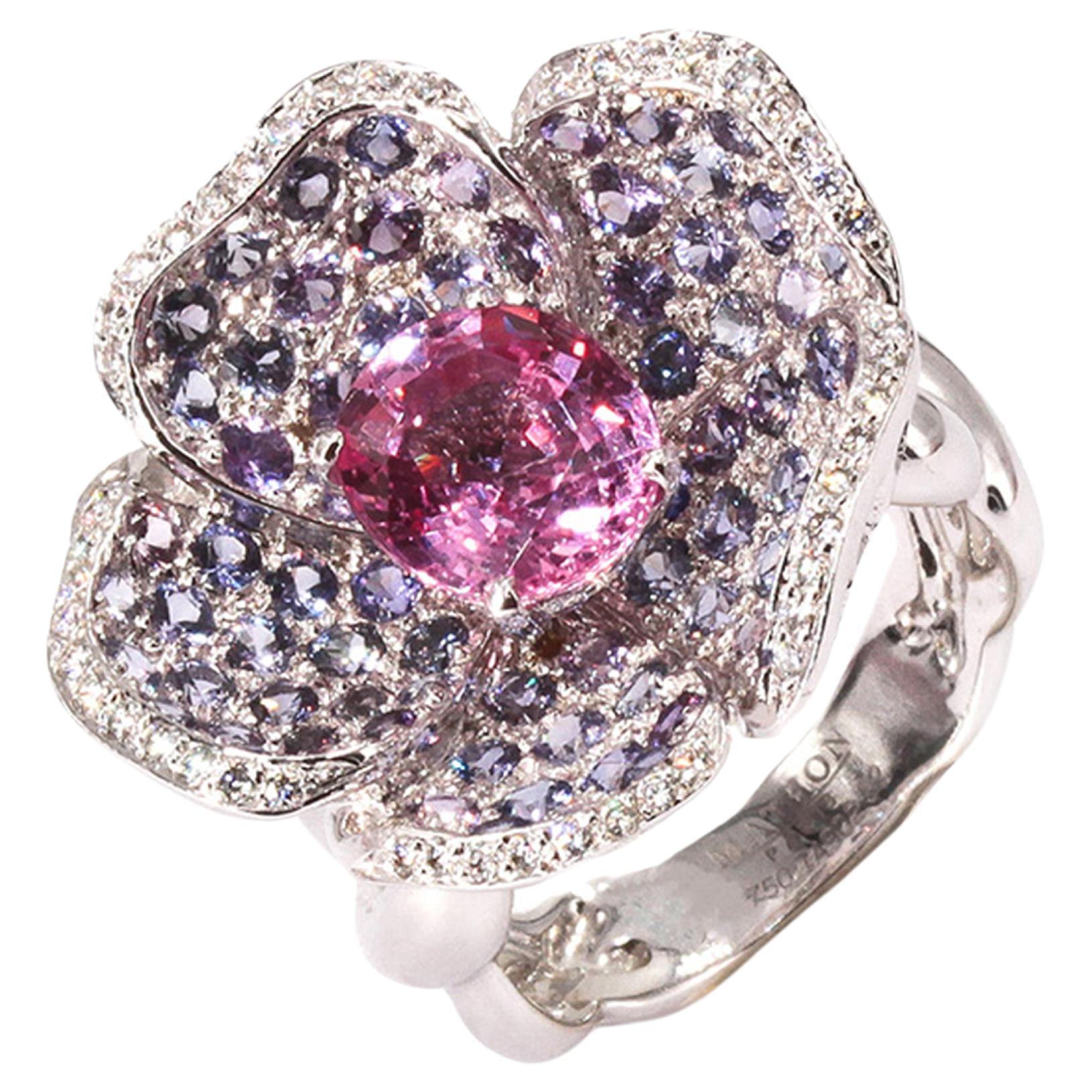 Mathon Paris Purple sapphires, pink sapphires, diamonds and White Gold Ring For Sale