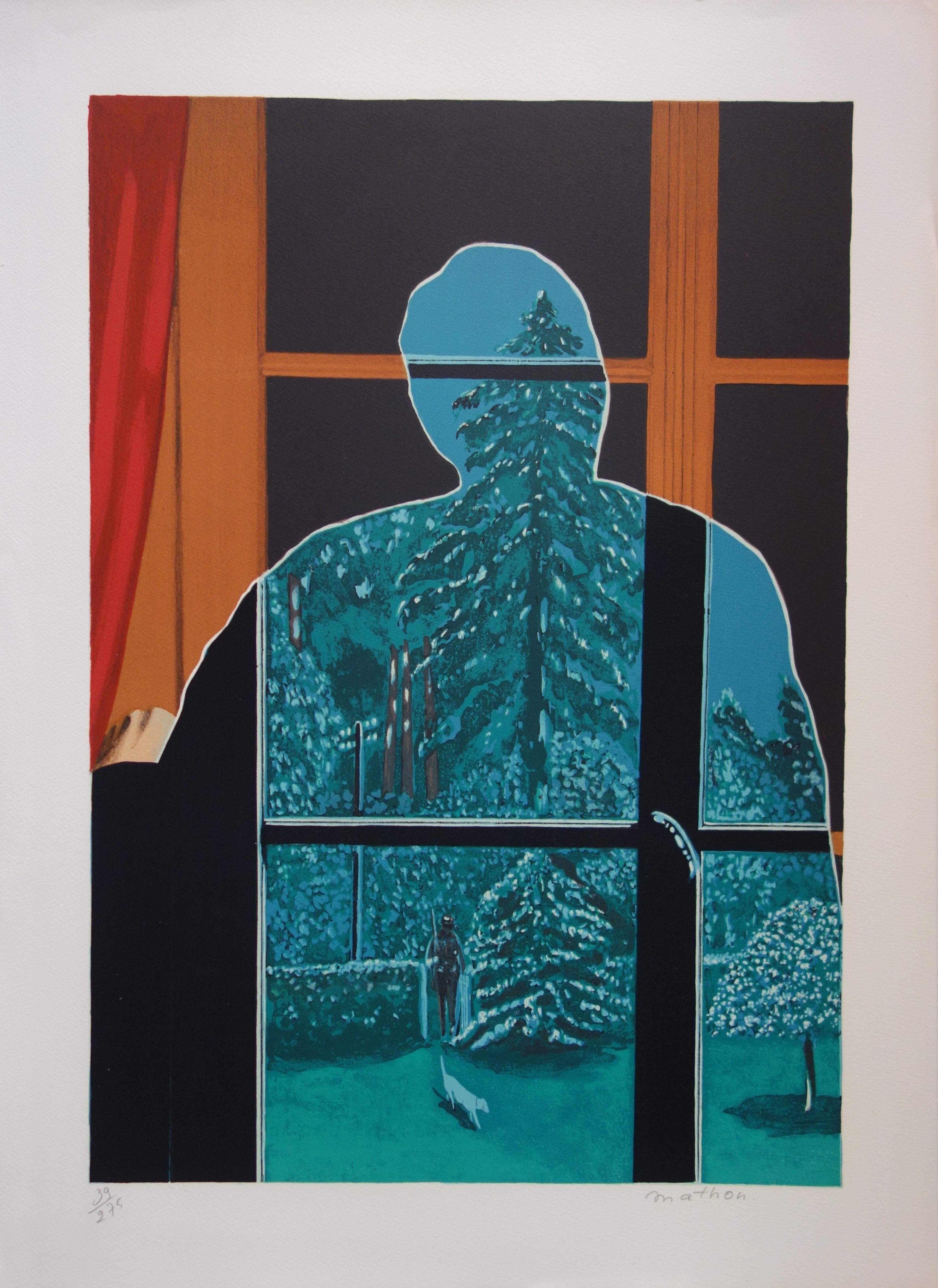 Mathon Landscape Print - Tribute to Magritte - Original handsigned lithograph