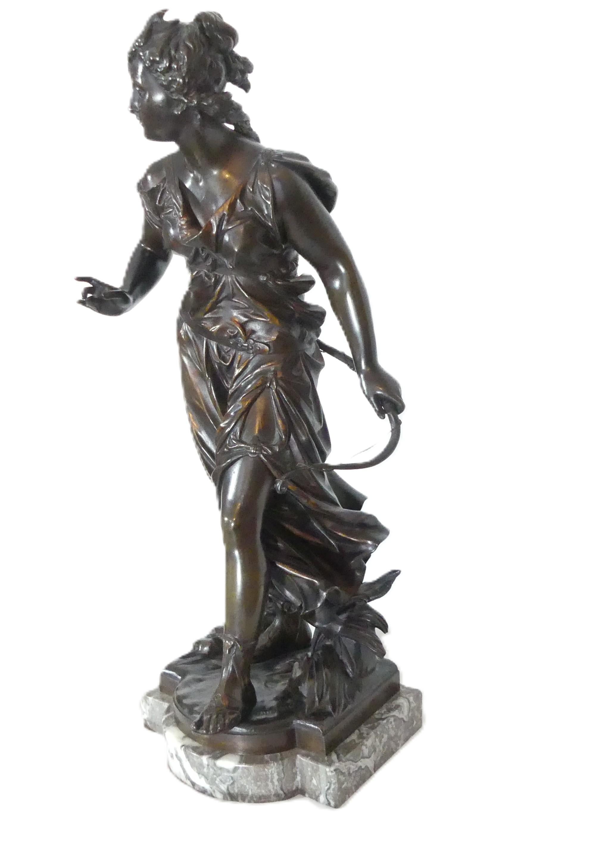 Mathurin Moreau (1822-1912), Diana, bronce patinado sobre base de mármol en venta 2