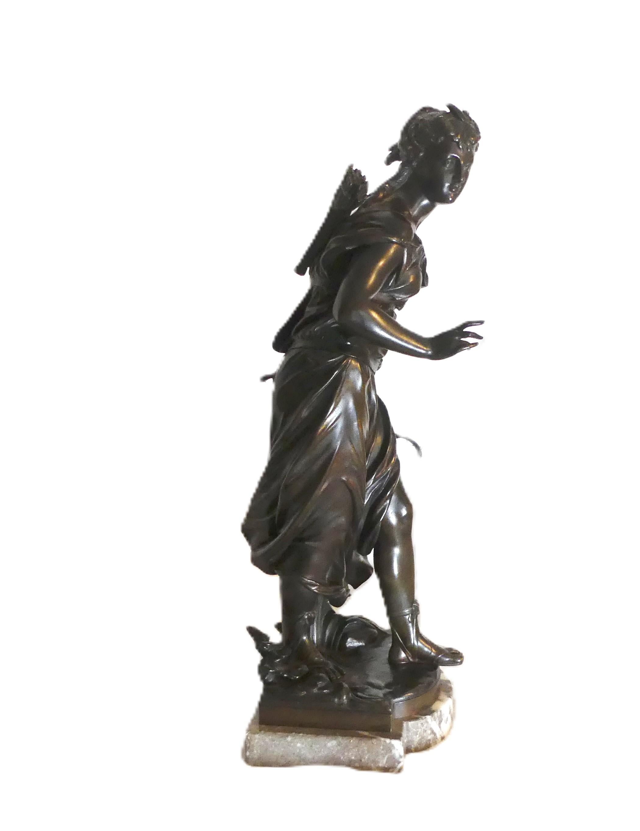 Mathurin Moreau (1822-1912), Diana, bronce patinado sobre base de mármol en venta 3