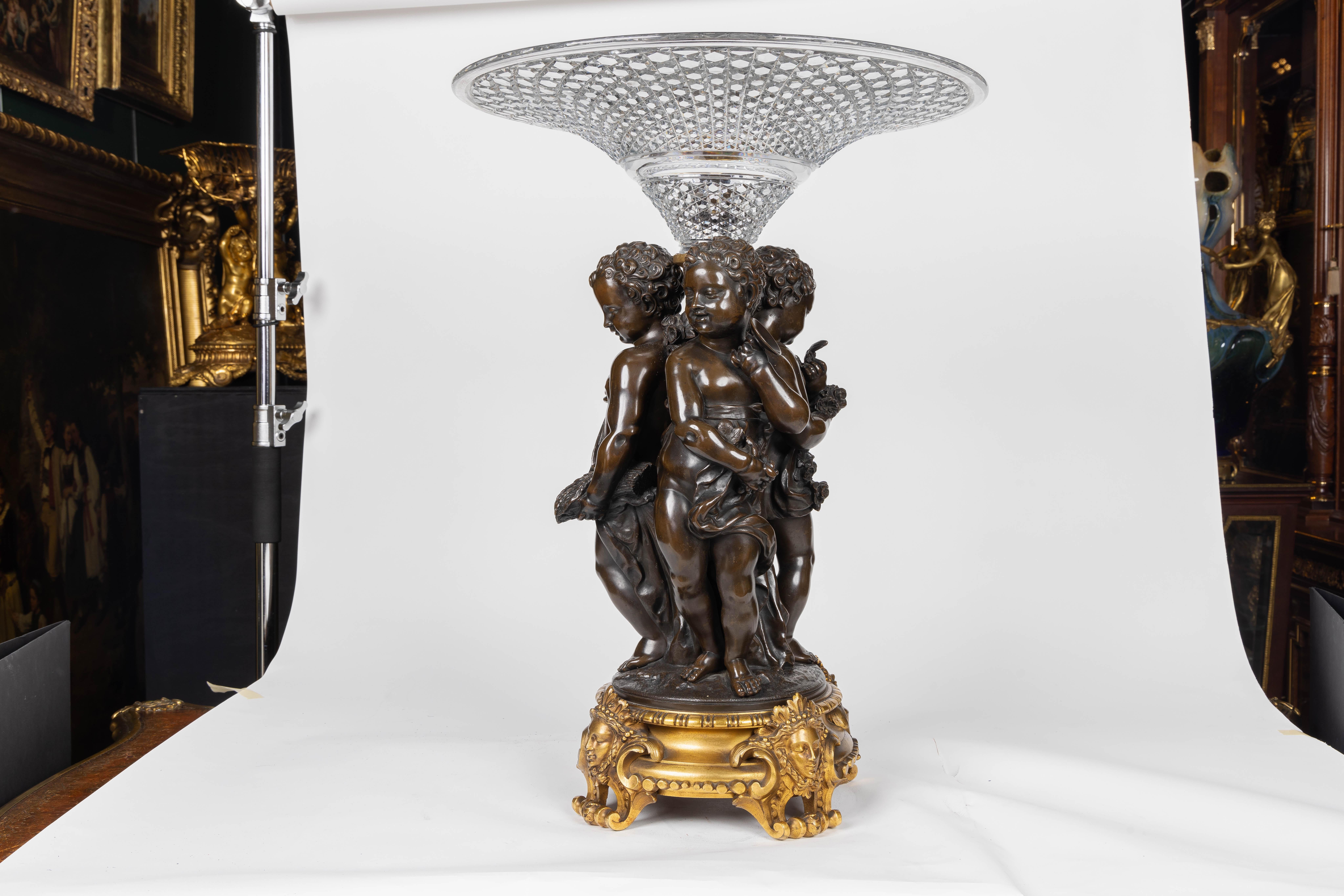 Napoleon III Mathurin Moreau, A Monumental French Bronze and Crystal Figural Centerpiece For Sale