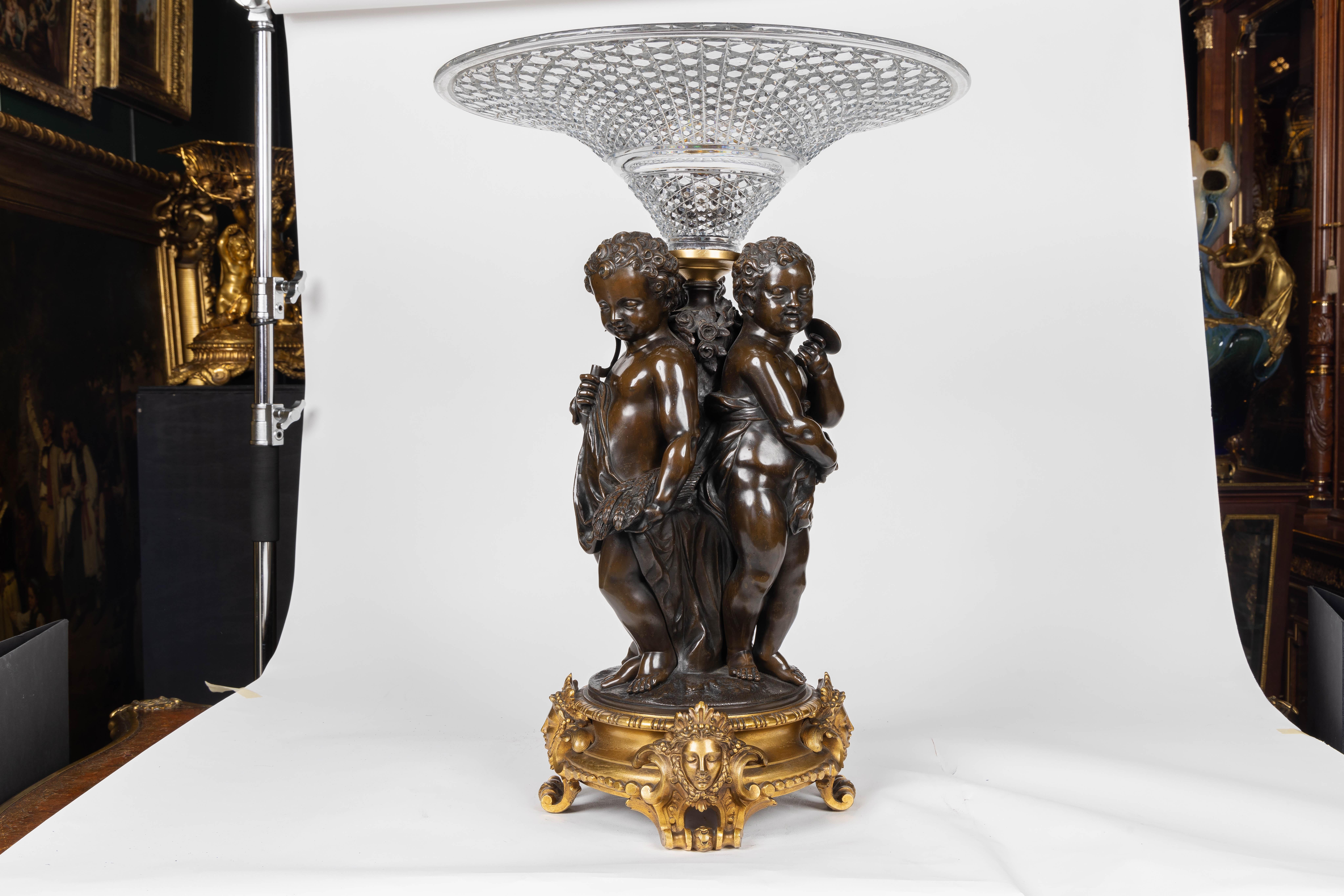 Mathurin Moreau, A Monumental French Bronze and Crystal Figural Centerpiece In Good Condition For Sale In New York, NY