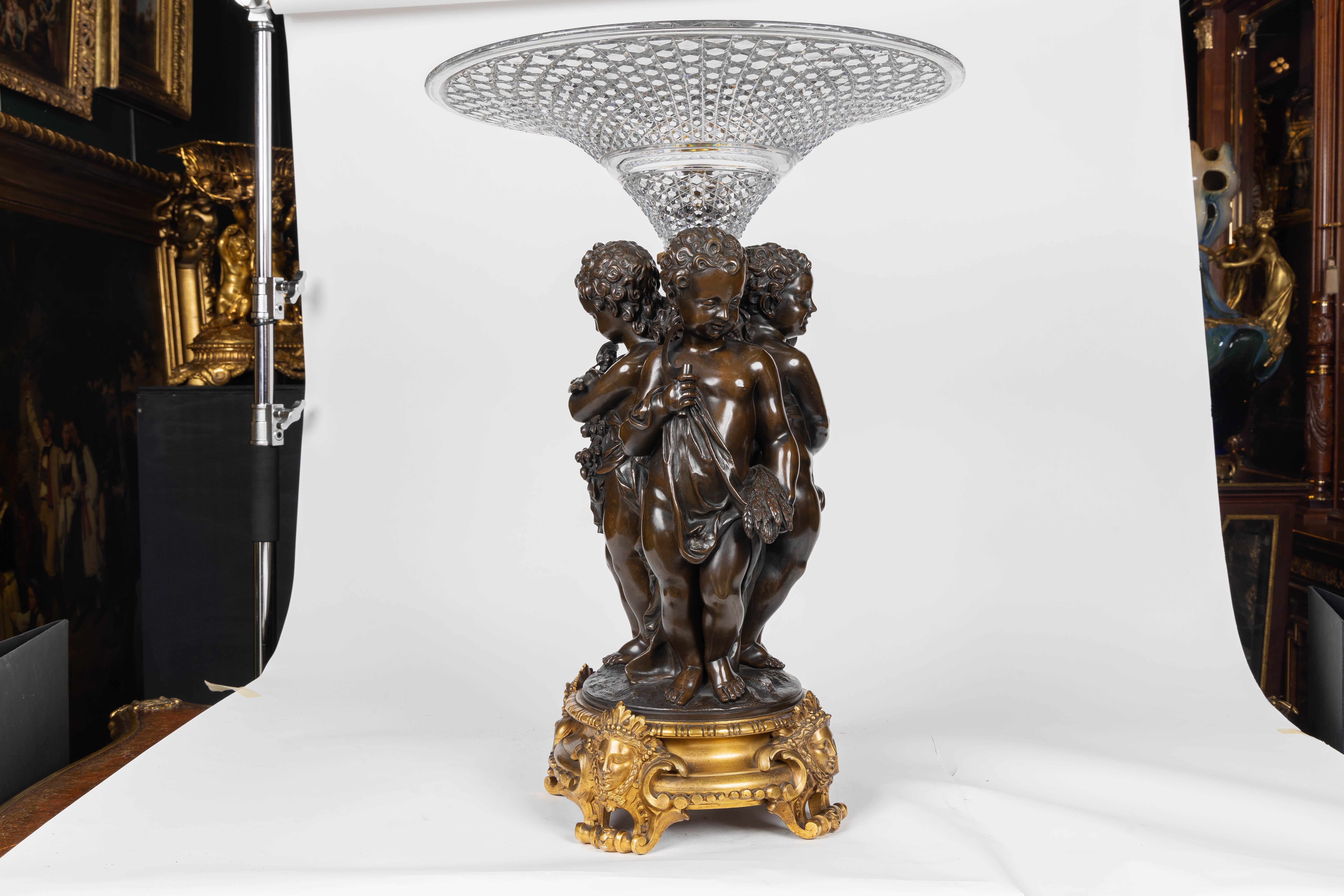 19th Century Mathurin Moreau, A Monumental French Bronze and Crystal Figural Centerpiece For Sale