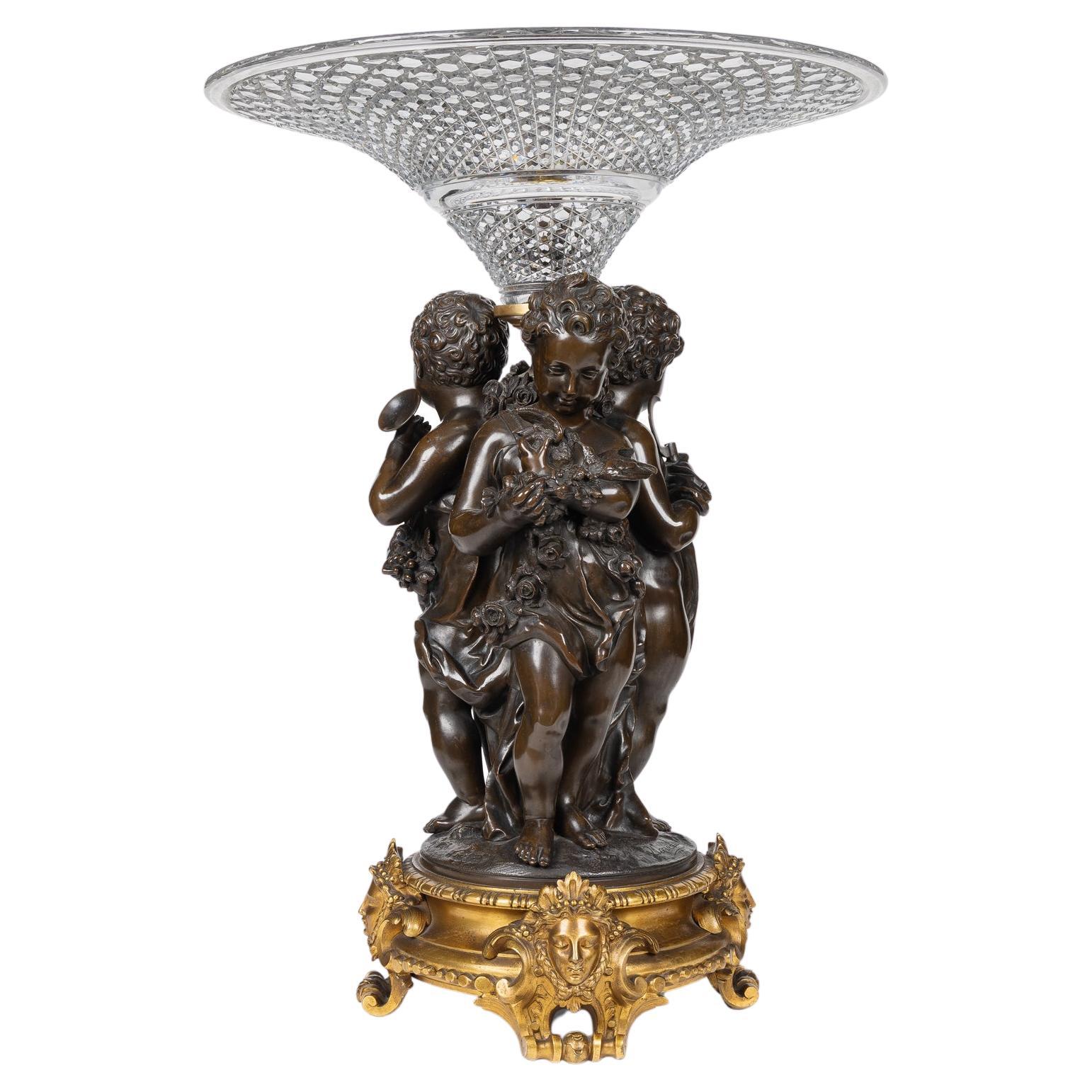 Mathurin Moreau, A Monumental French Bronze and Crystal Figural Centerpiece For Sale
