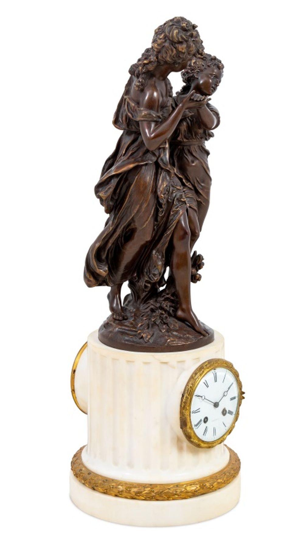 French Mathurin Moreau Bronze & Marble Figural Clock For Sale