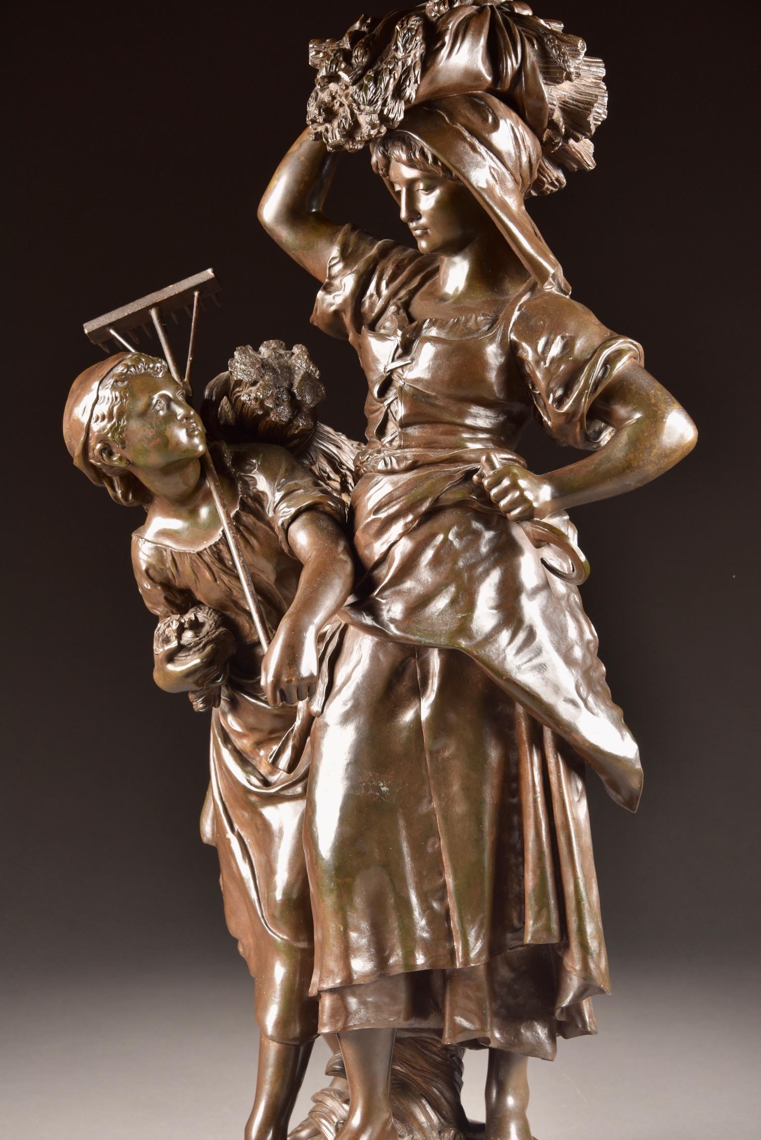 French bronze group sculpture of a farmer’s wife and her daughter, known with name 