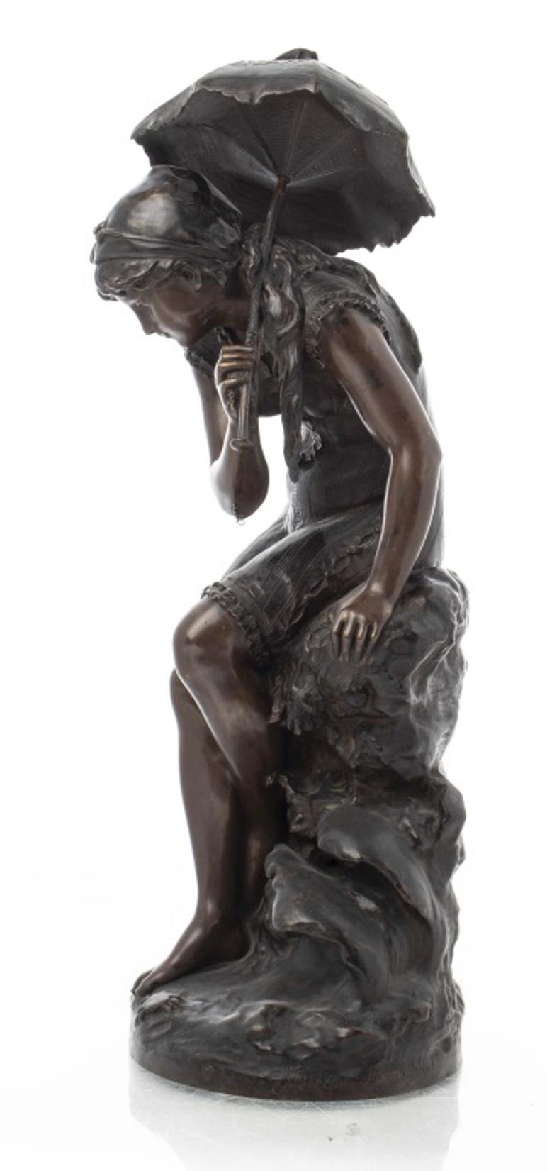 Mathurin Moreau (French, 1822 - 1912) bronze sculpture of young woman under an umbrella peering down at a crab by her feet, bearing signature 