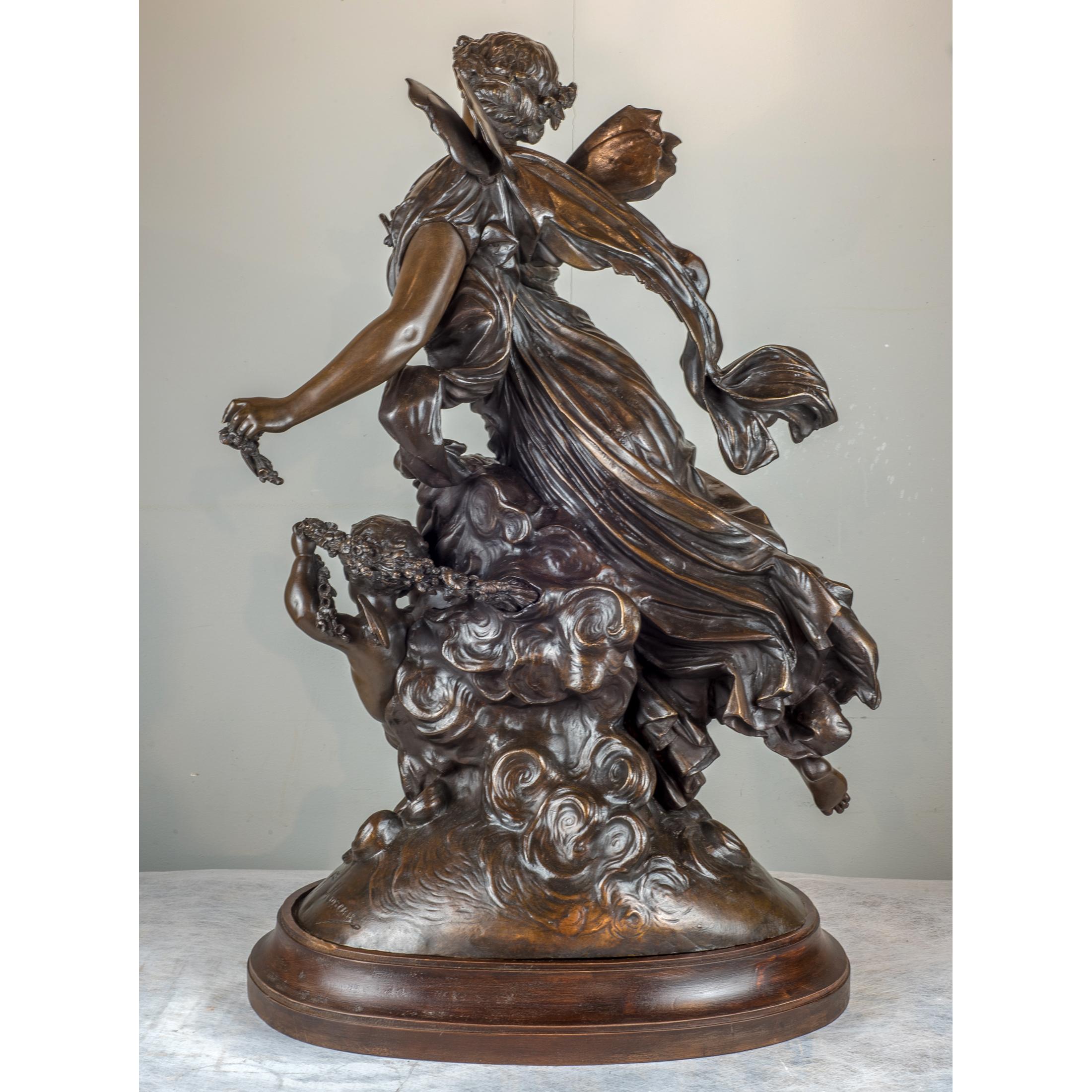 French Mathurin Moreau Patinated Bronze Group of Angel and Cherub For Sale