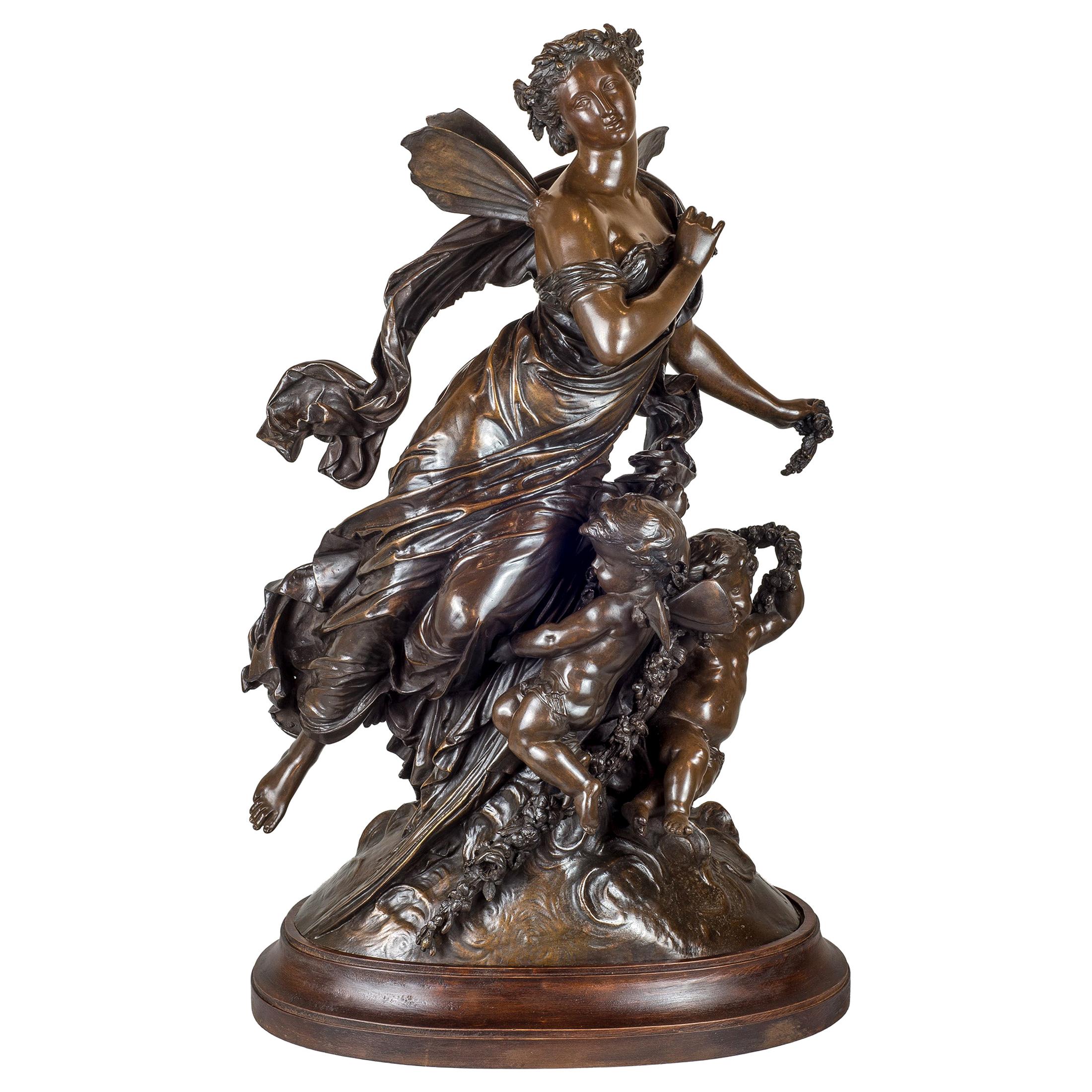 Mathurin Moreau Patinated Bronze Group of Angel and Cherub