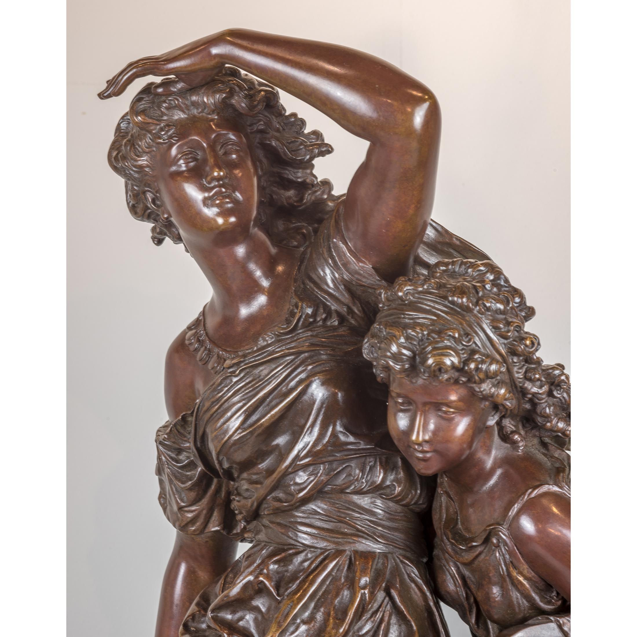 French Mathurin Moreau Patinated Bronze Sculpture of Mother and Children For Sale