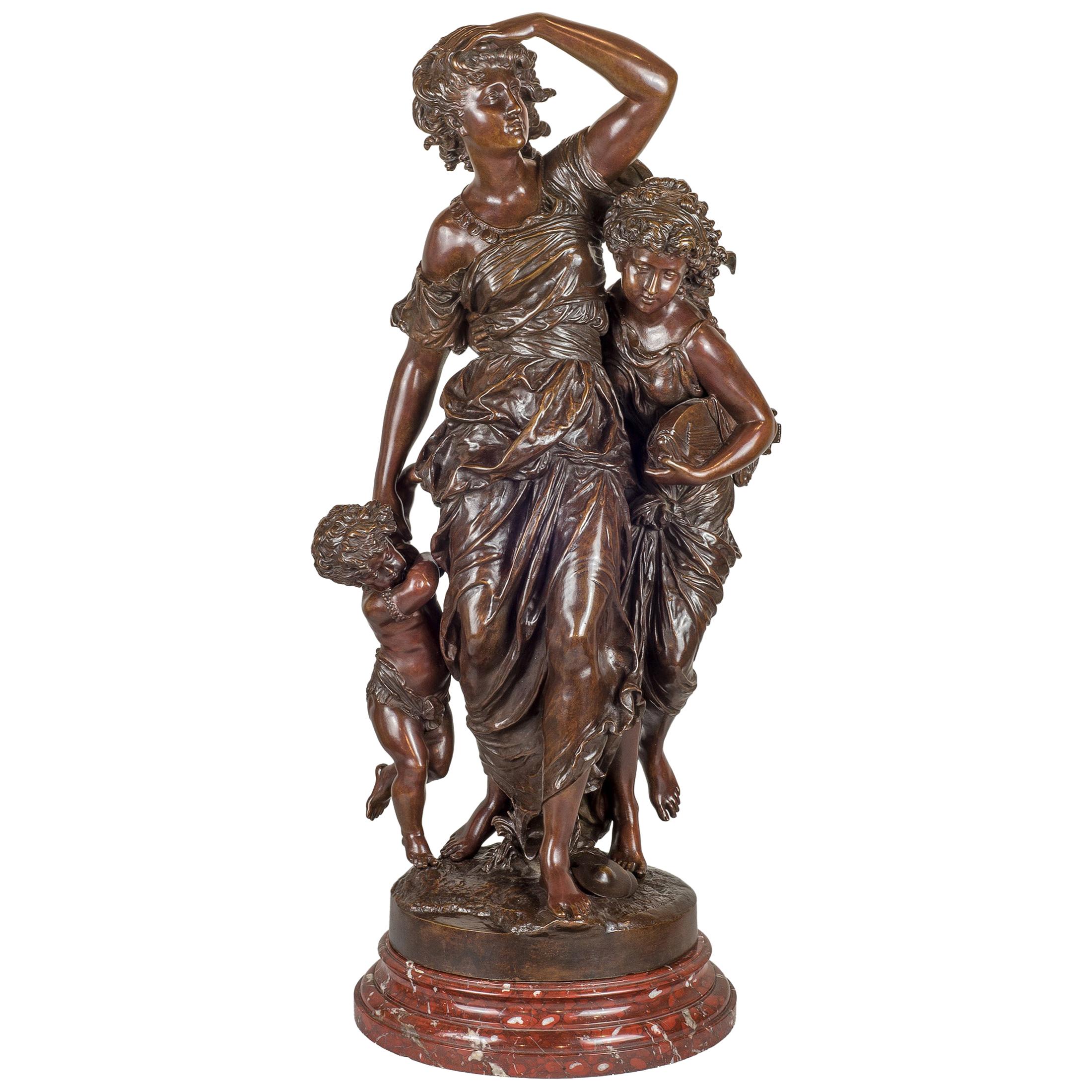 Mathurin Moreau Patinated Bronze Sculpture of Mother and Children