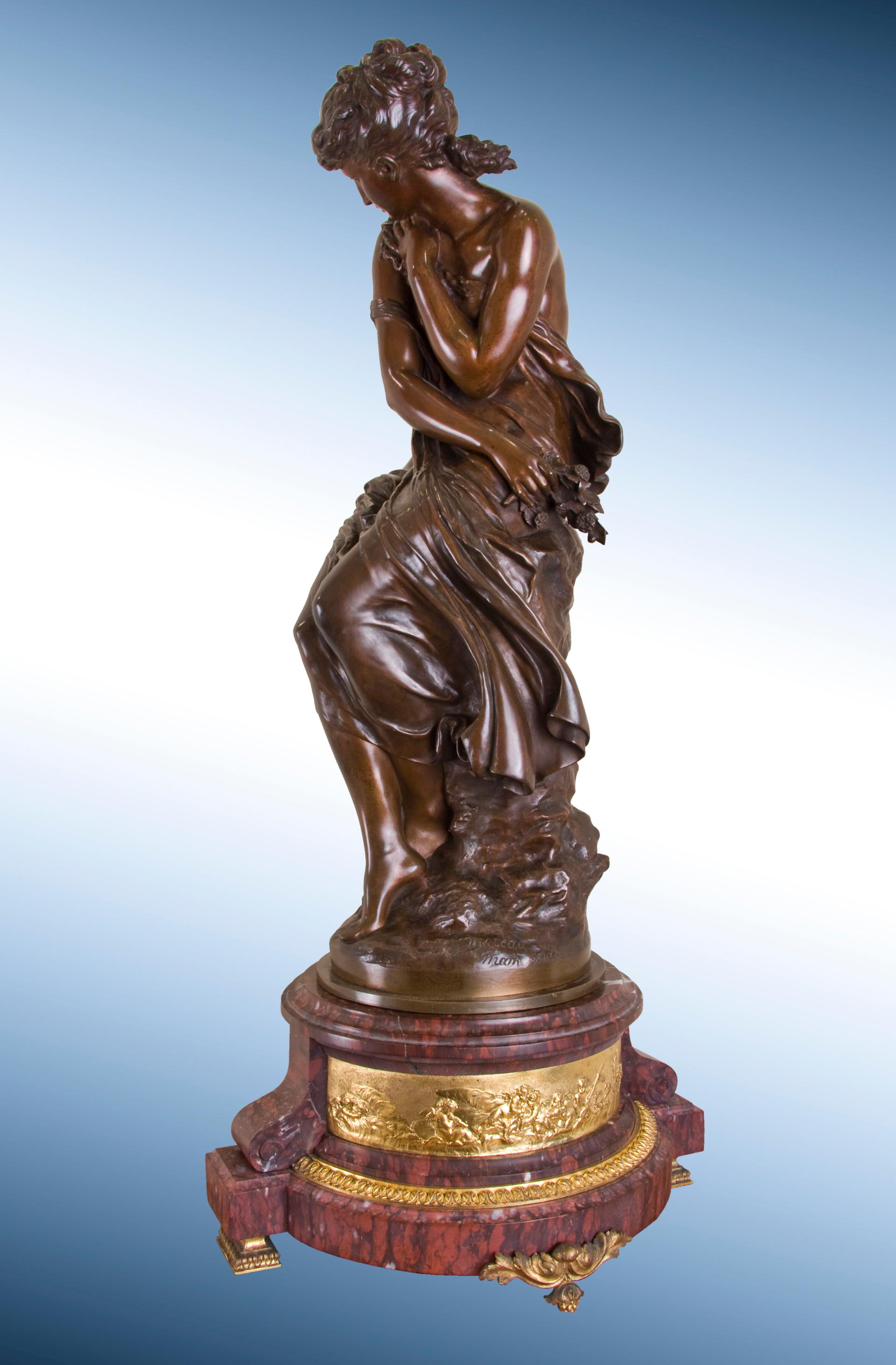 19th Century sculpture of seated Female Nymph in Bronze, with red Marble Base - Sculpture by Mathurin Moreau