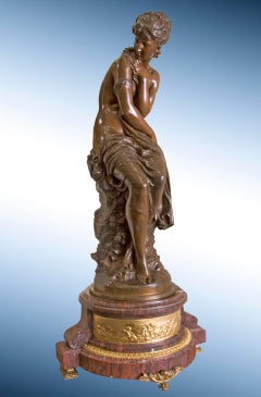 Antique 19th Century sculpture of seated Female Nymph in Bronze, with red Marble Base