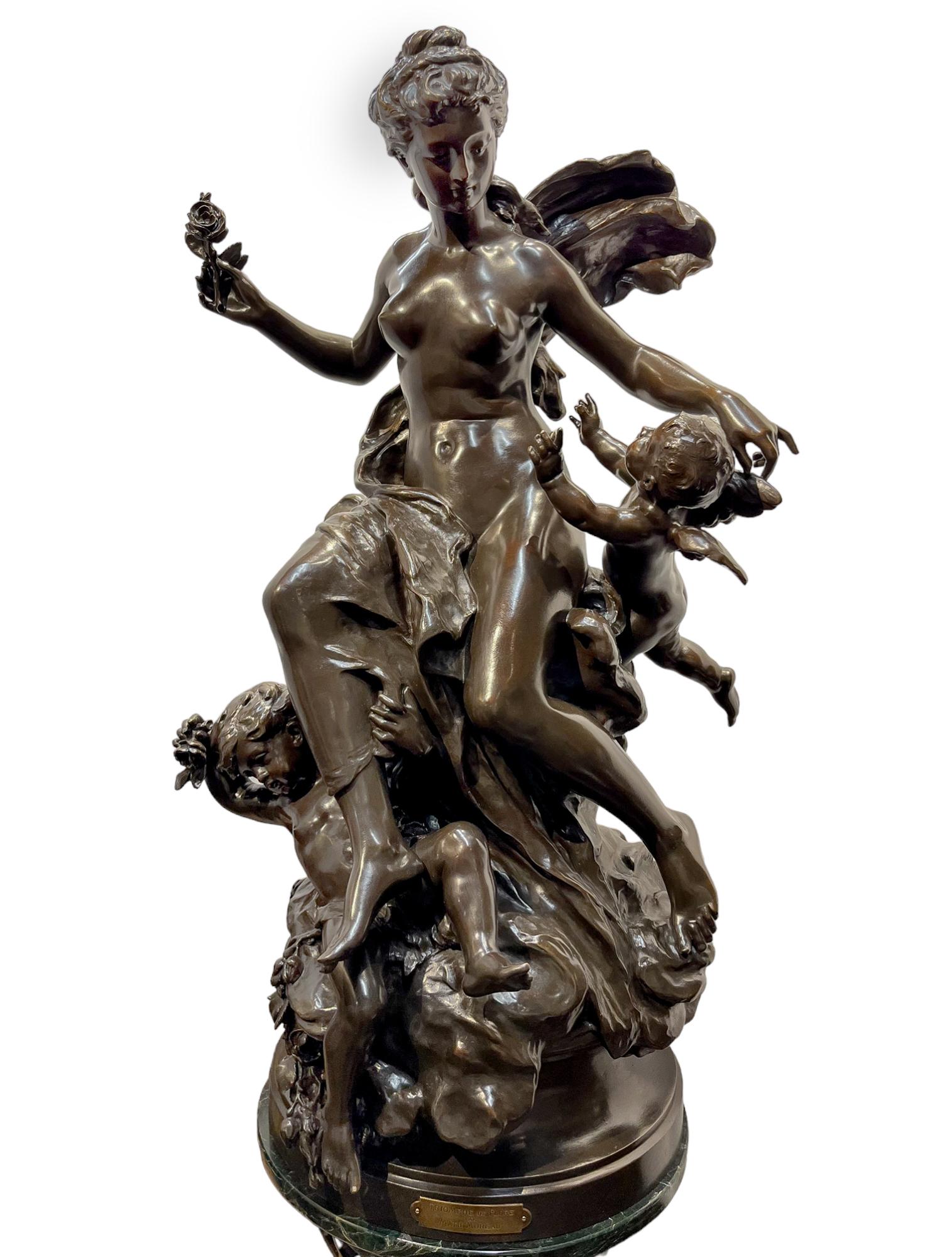 Mathurin Moreau Nude Sculpture – Monumentale französische Statue „The Triumph of Flora“ aus patinierter Bronze