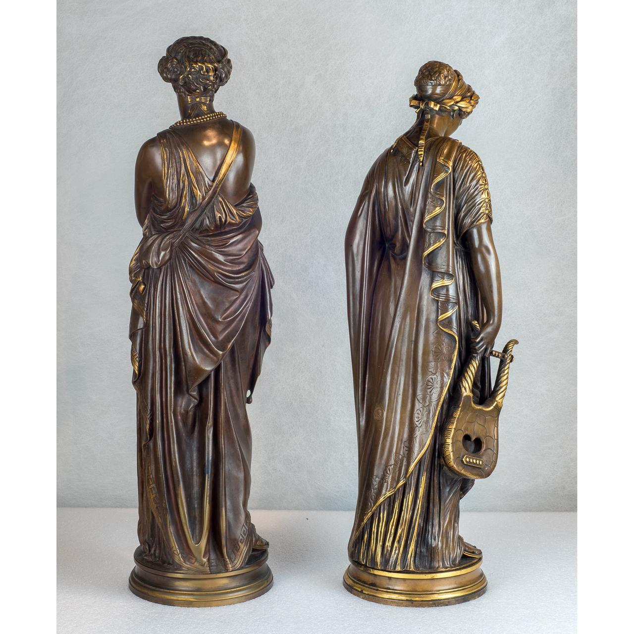 Fine Quality Pair of Patinated Bronze Statues Depicting Sappho and Hélène - Gold Figurative Sculpture by Jean-Baptiste Clésinger 