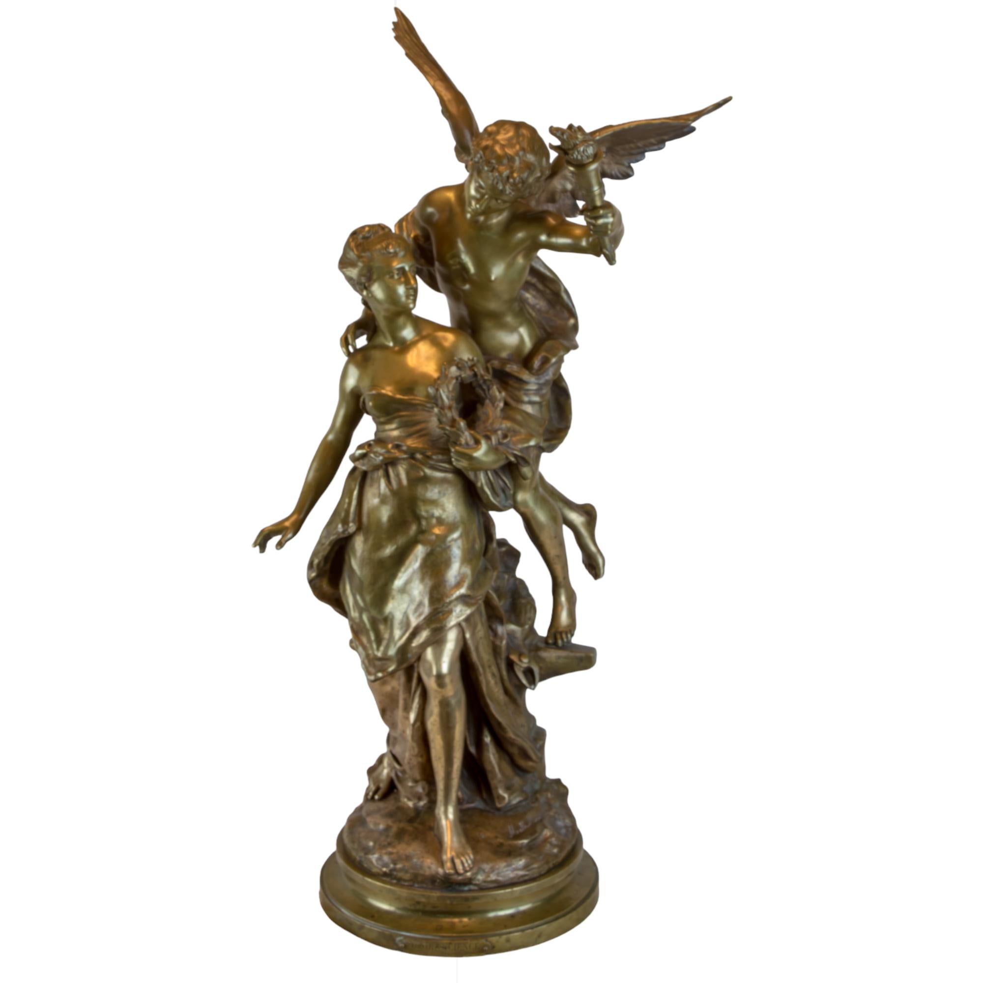 Bronze figural grouping of a Génie and Science, a woman guided by an angel with outstretched wings by Mathurin Moreau, a celebrated and decorated French sculptor whose talents most fruitefully lie in the presentation and rendering of enchanting