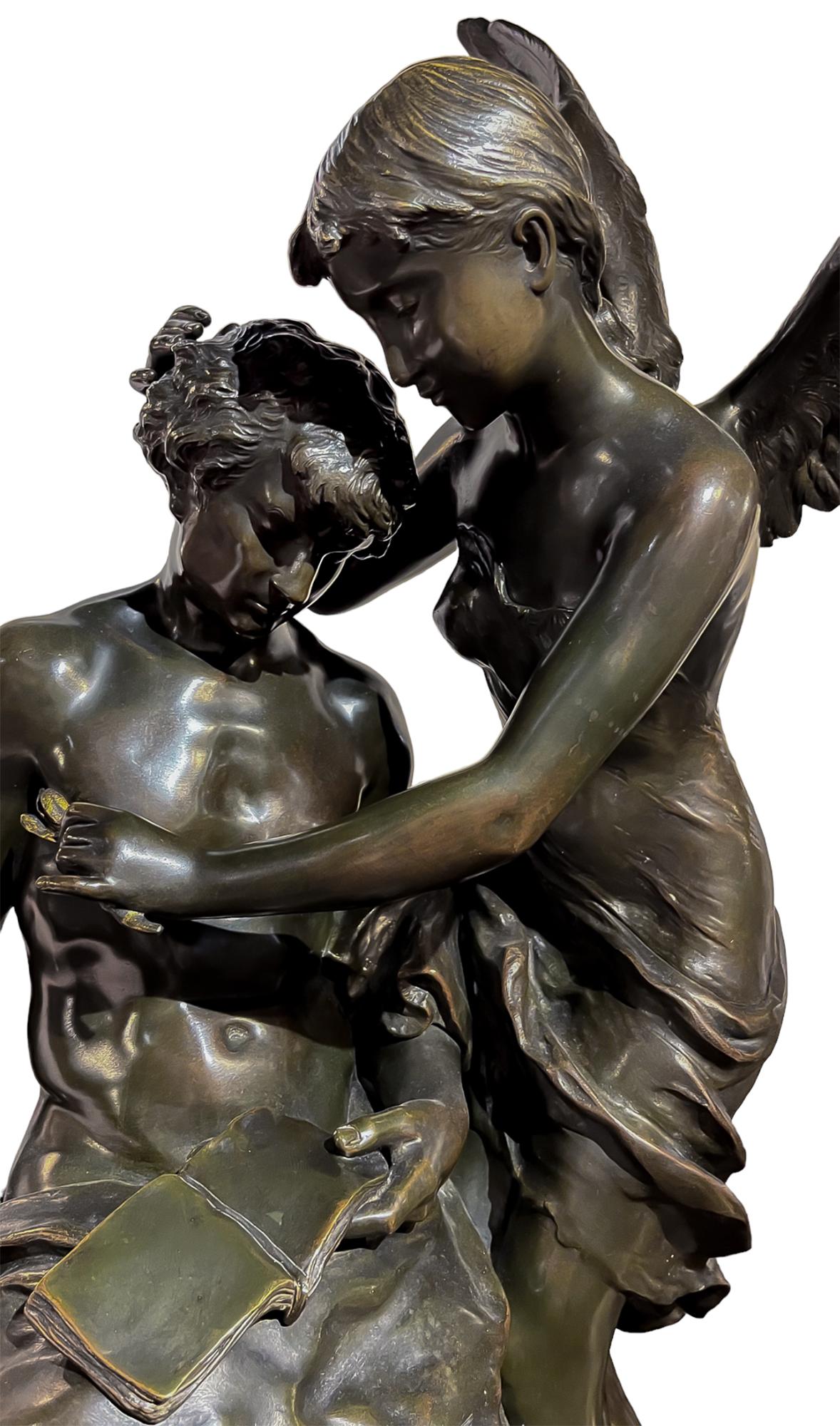 MATHURIN MOREAU 
Francese, (1822-1912)

Le Rêve du Poète 

Circa 1860, bronzo patinato; firmato 'math moreau' e iscritto REVE DU POETE par MTH MOREAU, MEDAILLE D'HONNEUR AU SALON.   
44 x 23 x 24  pollici  

Note:
Questo pezzo di Mathurin Moreau ha