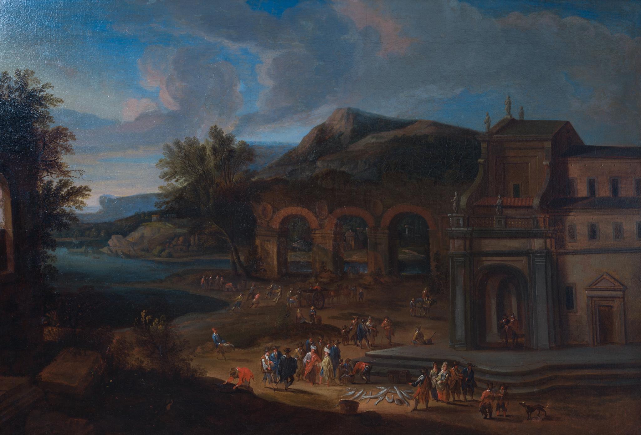 Mathys Schoevaerdts - Pescadería en una ciudad portuaria del sur, Óleo sobre lienzo 1
