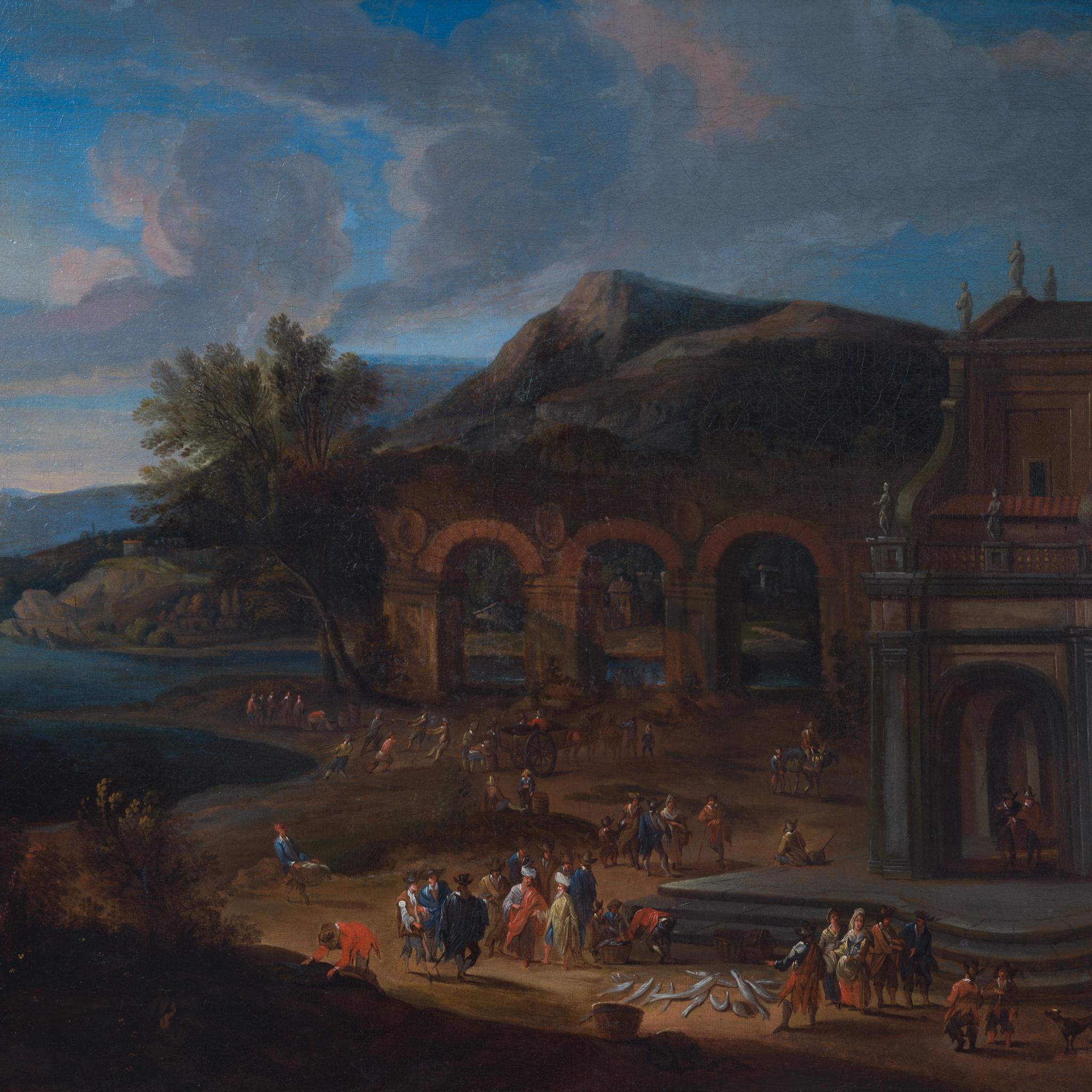 Mathys Schoevaerdts - Pescadería en una ciudad portuaria del sur, Óleo sobre lienzo 2