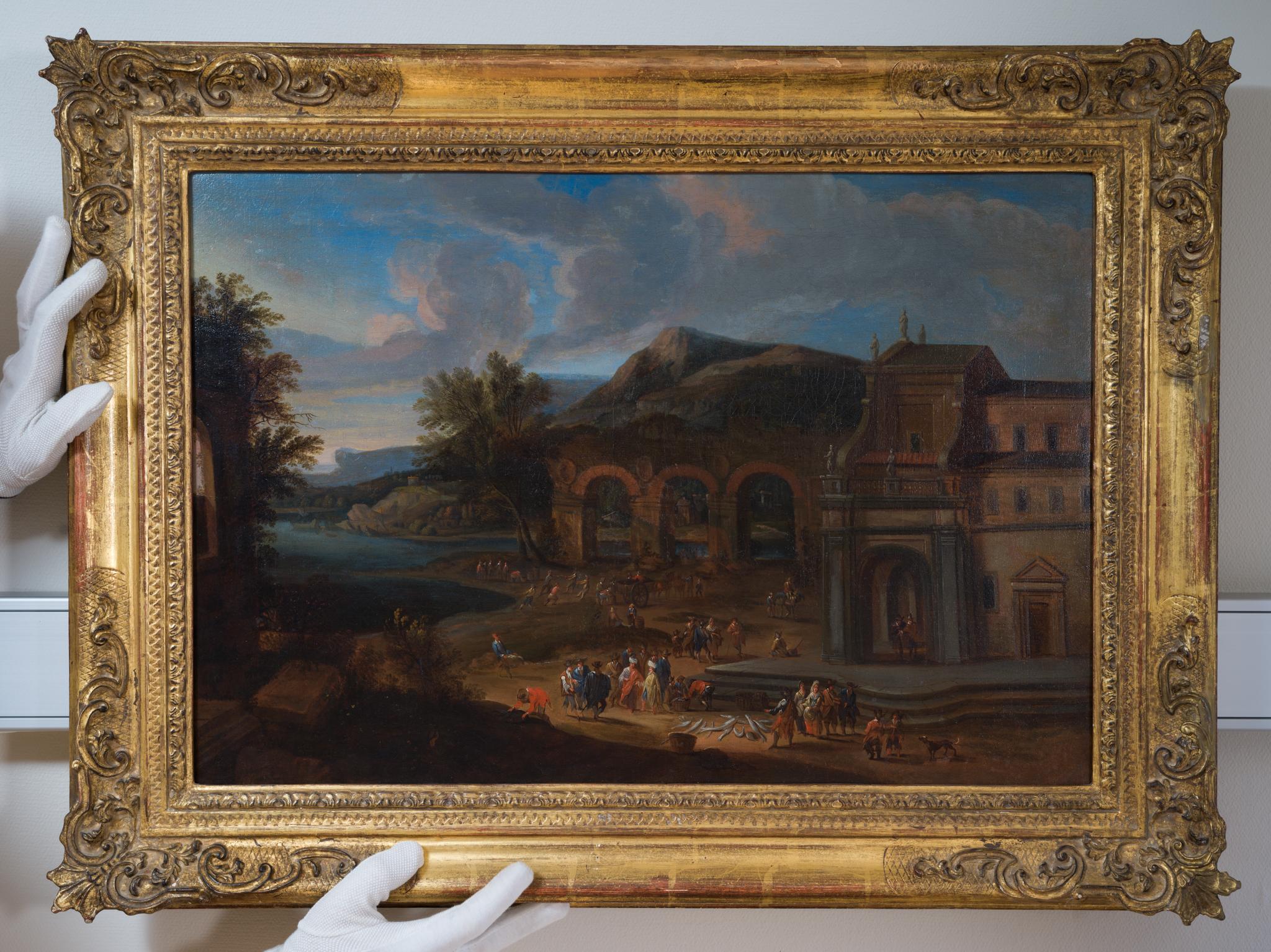 Mathys Schoevaerdts - Pescadería en una ciudad portuaria del sur, Óleo sobre lienzo 3