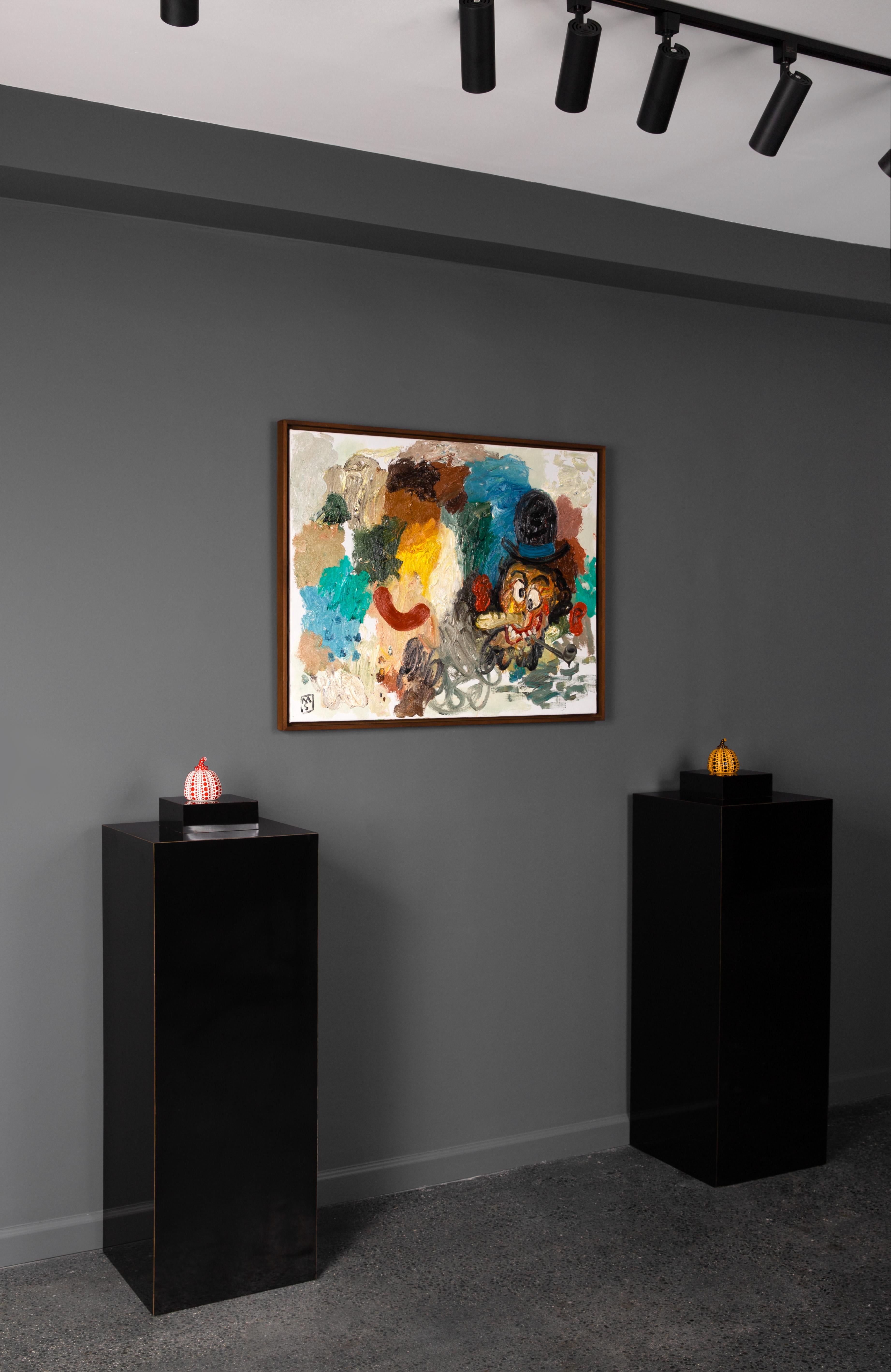 'Pintor Español Con Hambre' is a unique oil painting, created in 2022 by Matías Sánchez. This work is full of color and texture, with vibrant swirls of three dimensional paint. This abstract, one of a kind work comes in a high quality wood frame