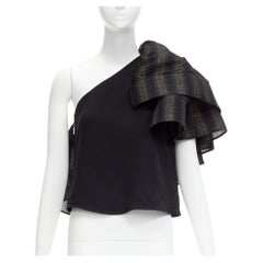 MATICEVSKI 2020 Attest One Shoulder Ruffle schwarz grau gestreiftes Ärmeltop AUS8 S