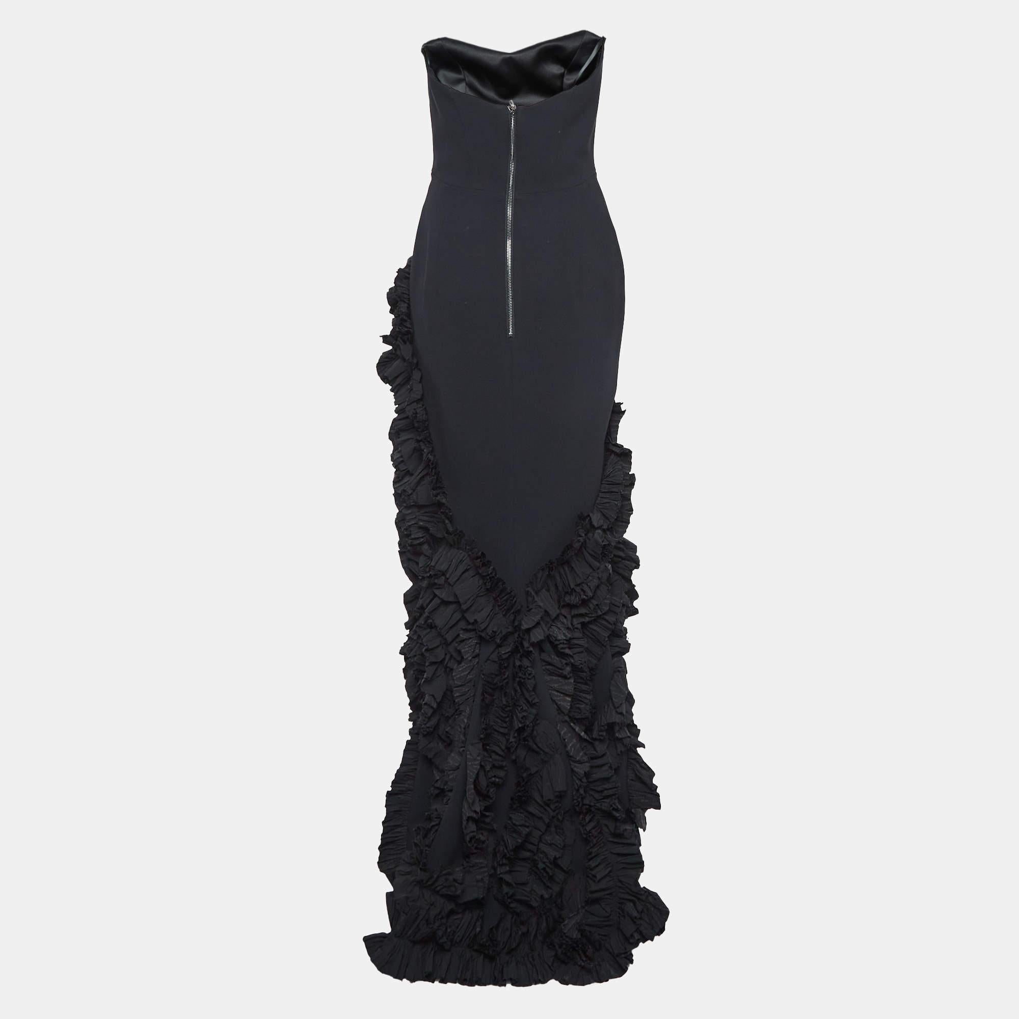 Sans effort et avec grâce  Cette création de Maticevski fera en sorte que votre soirée spéciale soit bien passée. Fabriqué en soie luxueuse  Elle porte une belle nuance de noir qui ajoute à la douceur de la silhouette de la robe bustier. Le corsage
