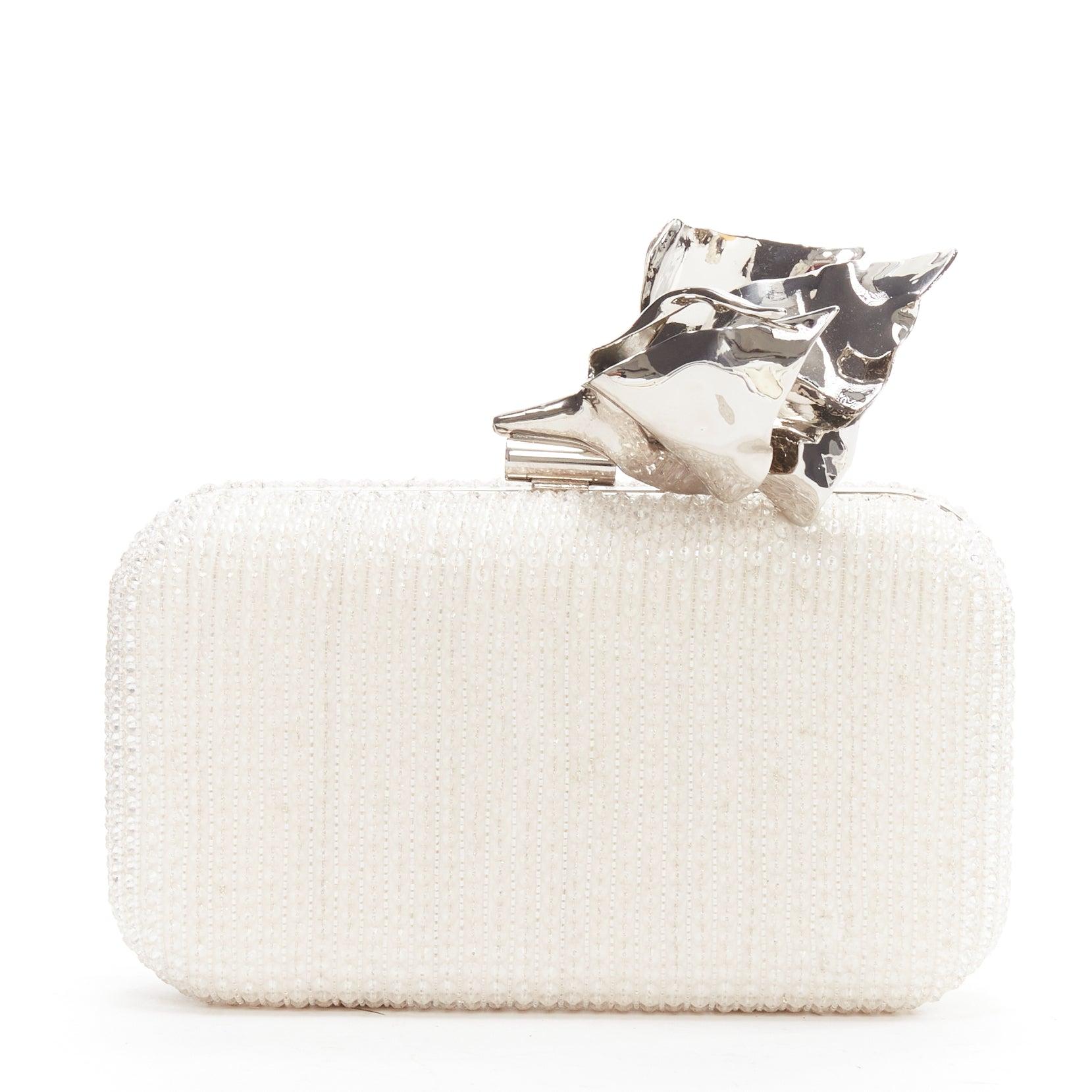 Women's MATICEVSKI Romancing white bead diamante silver metal flower box clutch bag For Sale