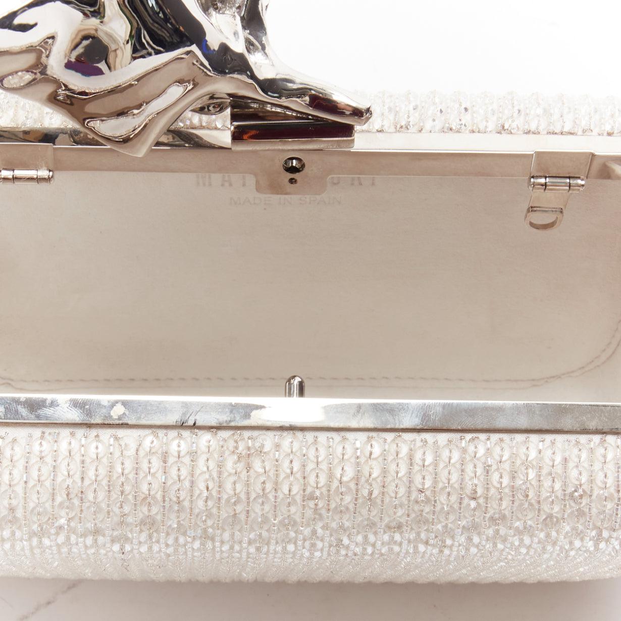 MATICEVSKI Romancing white bead diamante silver metal flower box clutch bag For Sale 4