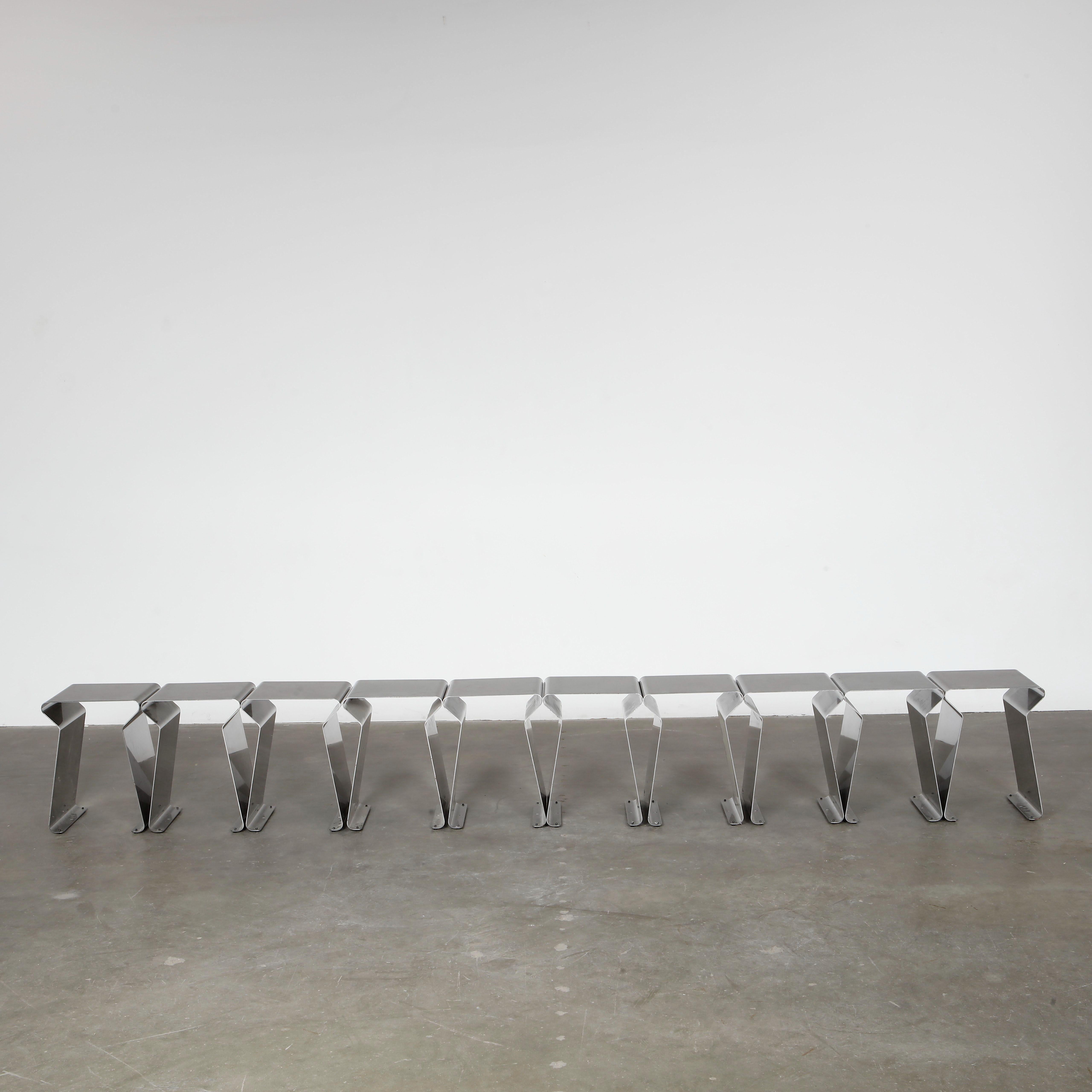 Mid-Century Modern Matiere Grise, Set Of Ten Fun Stools in Brushed Steel, 1990s For Sale
