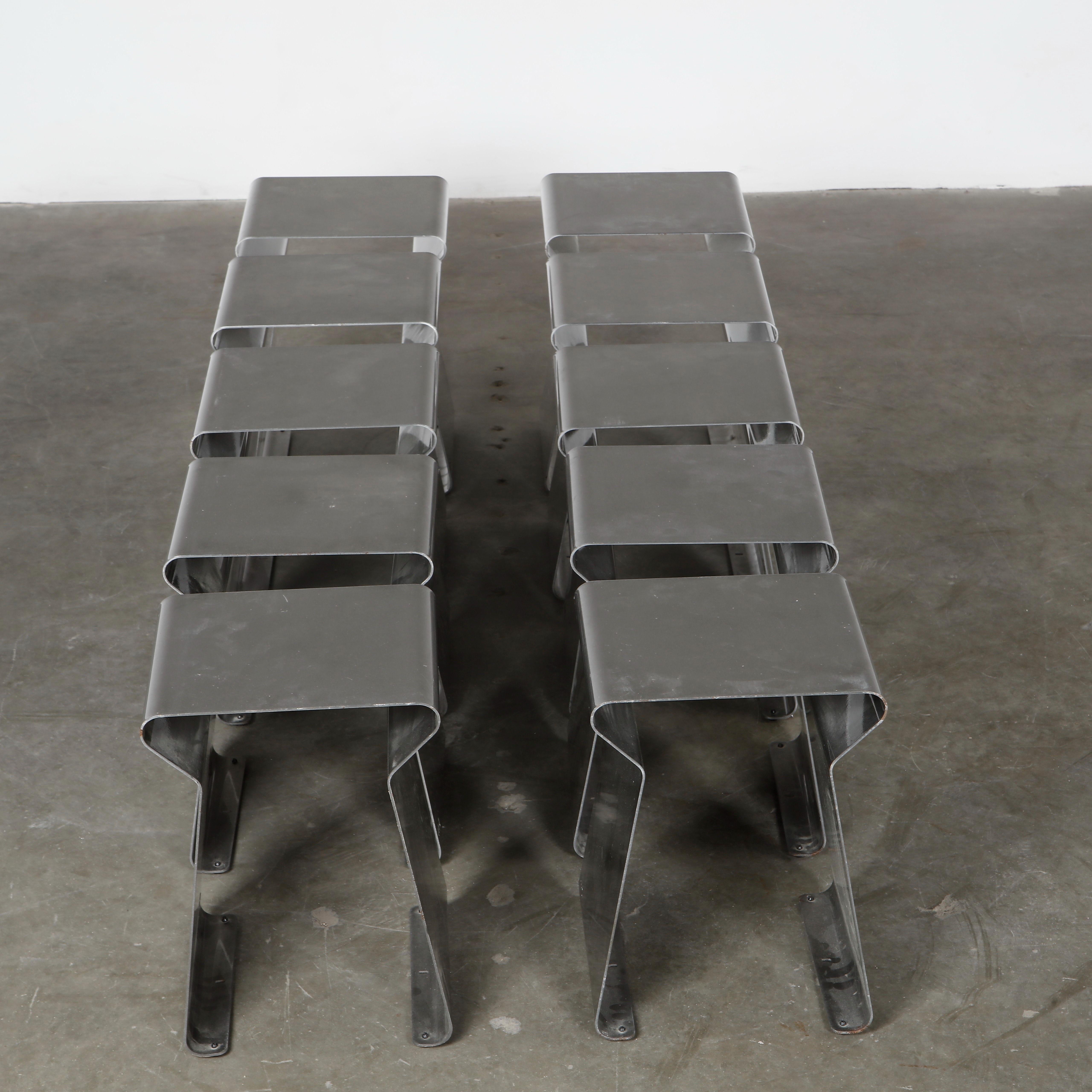 French Matiere Grise, Set Of Ten Fun Stools in Brushed Steel, 1990s For Sale