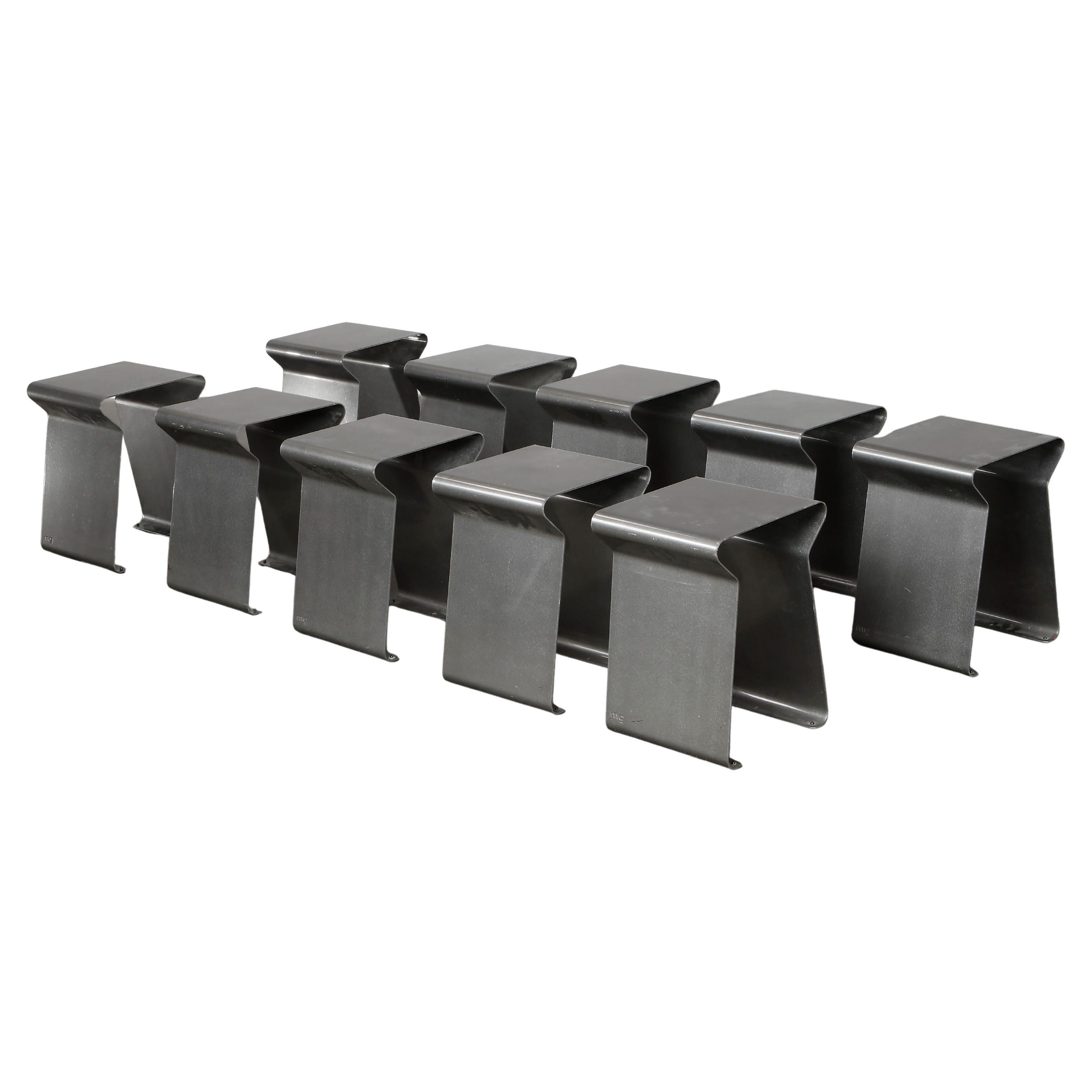 Matiere Grise, Set Of Ten Fun Stools in Brushed Steel, 1990s For Sale