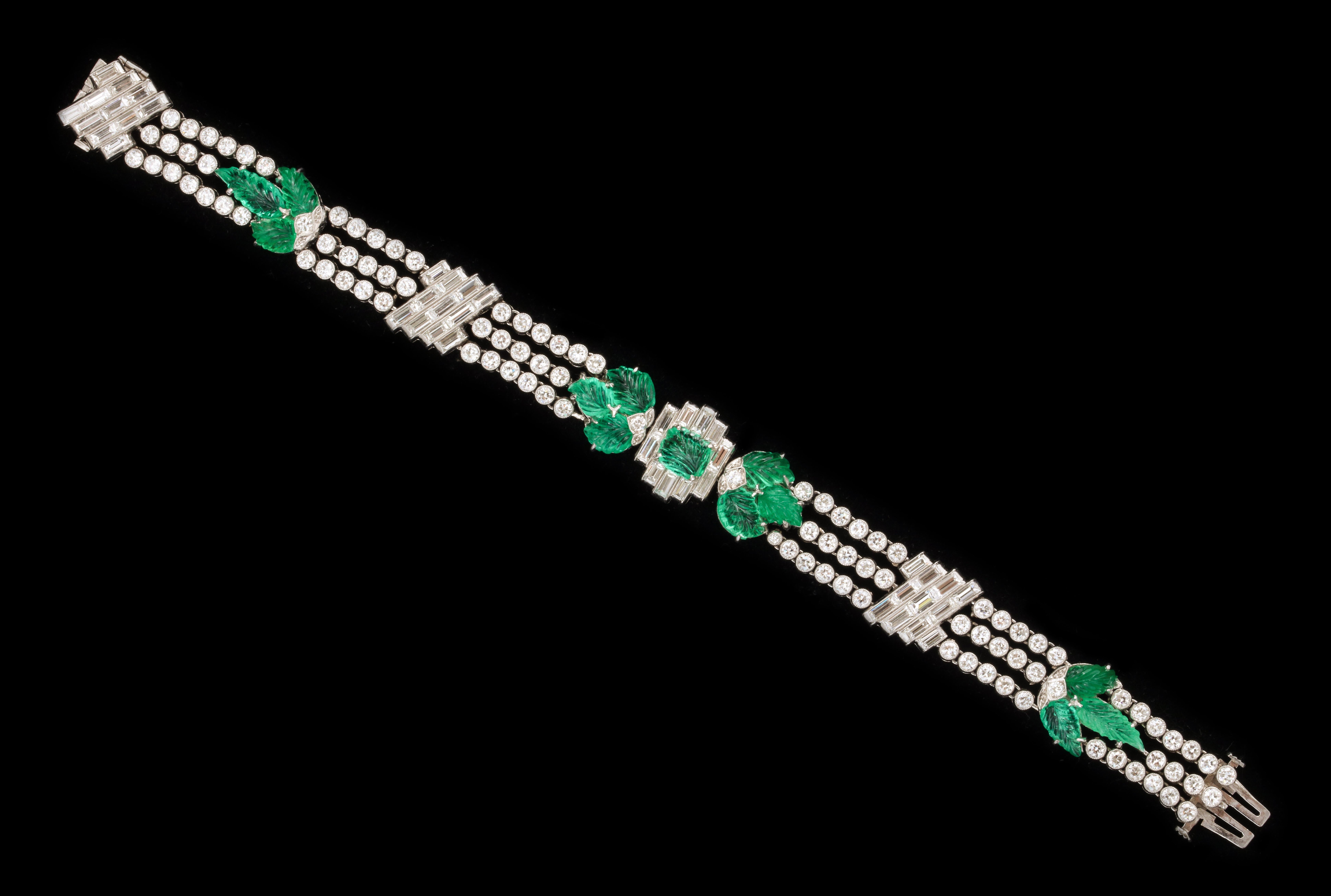Women's or Men's Matilda Dodge Wilson's Art Deco Carved emerald bracelet
