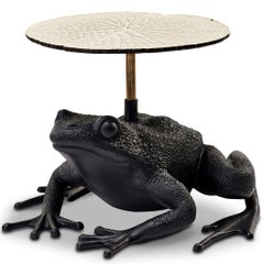 Brutalist Etched Brass, Black Cast Resin Frog Side Table Sculpture, Egg Designs
