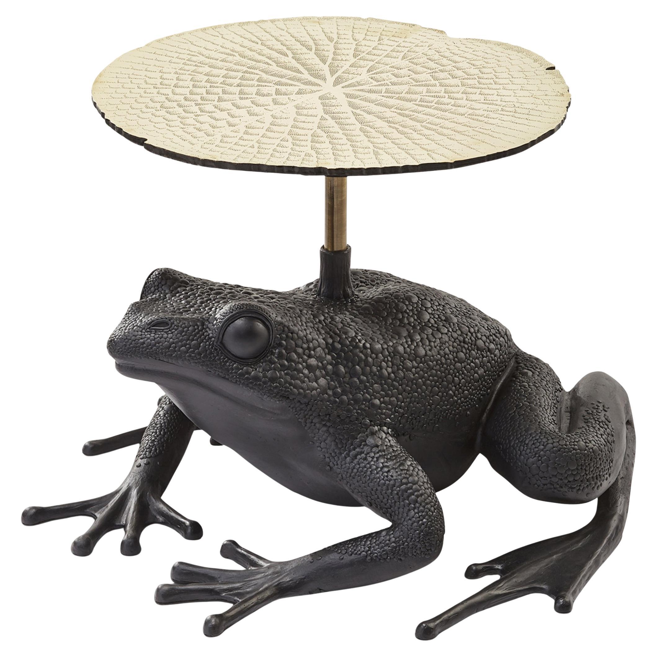 Brutalist Etched Brass, Black Cast Resin Frog Side Table Sculpture, Egg Designs For Sale